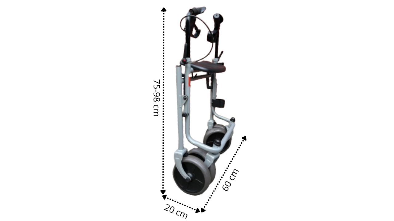 Déambulateur plié. Cadre métallique gris, roues noires. Dimensions : 75-98 cm de haut, 60 cm de large, 20 cm de profondeur.