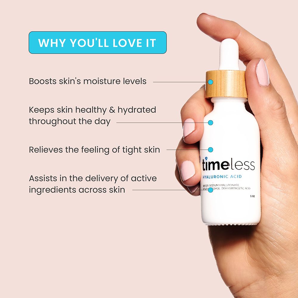 Main tenant un flacon avec pipette. Texte : "timeless hyaluronic acid". Avantages du produit.