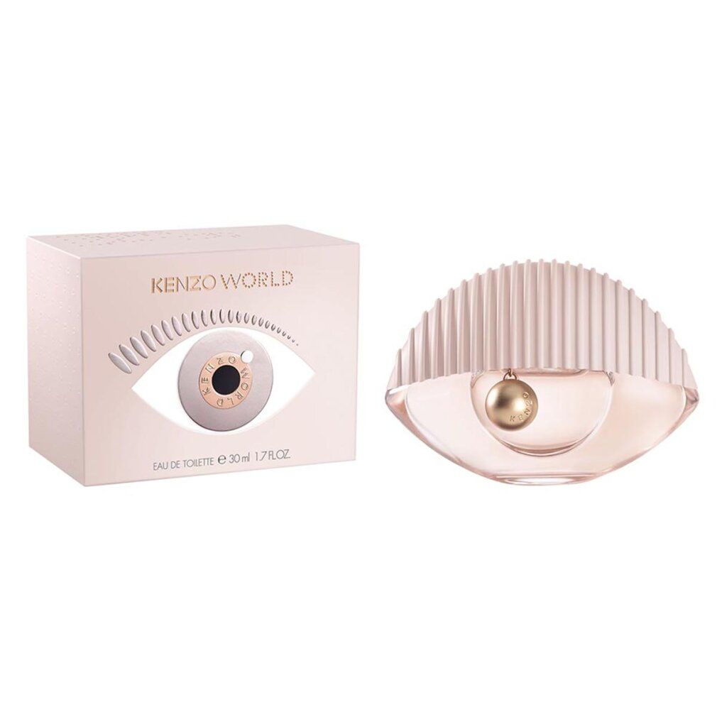 Flacon et emballage Kenzo World Eau de Toilette. Emballage avec motif oeil. Flacon en forme d'oeil avec bouchon cannelé et boule.
