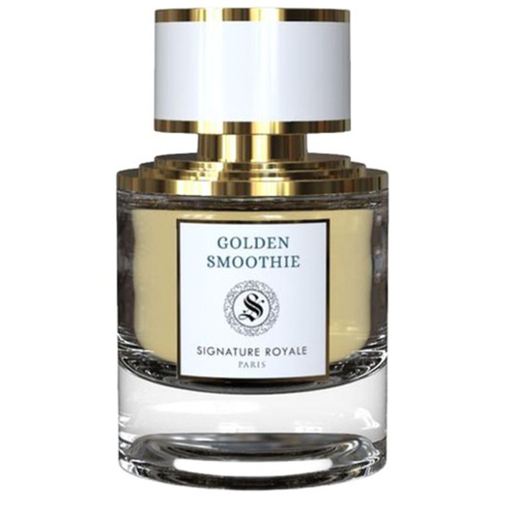 Flacon de parfum doré et blanc, étiquette. Flacon en verre transparent.