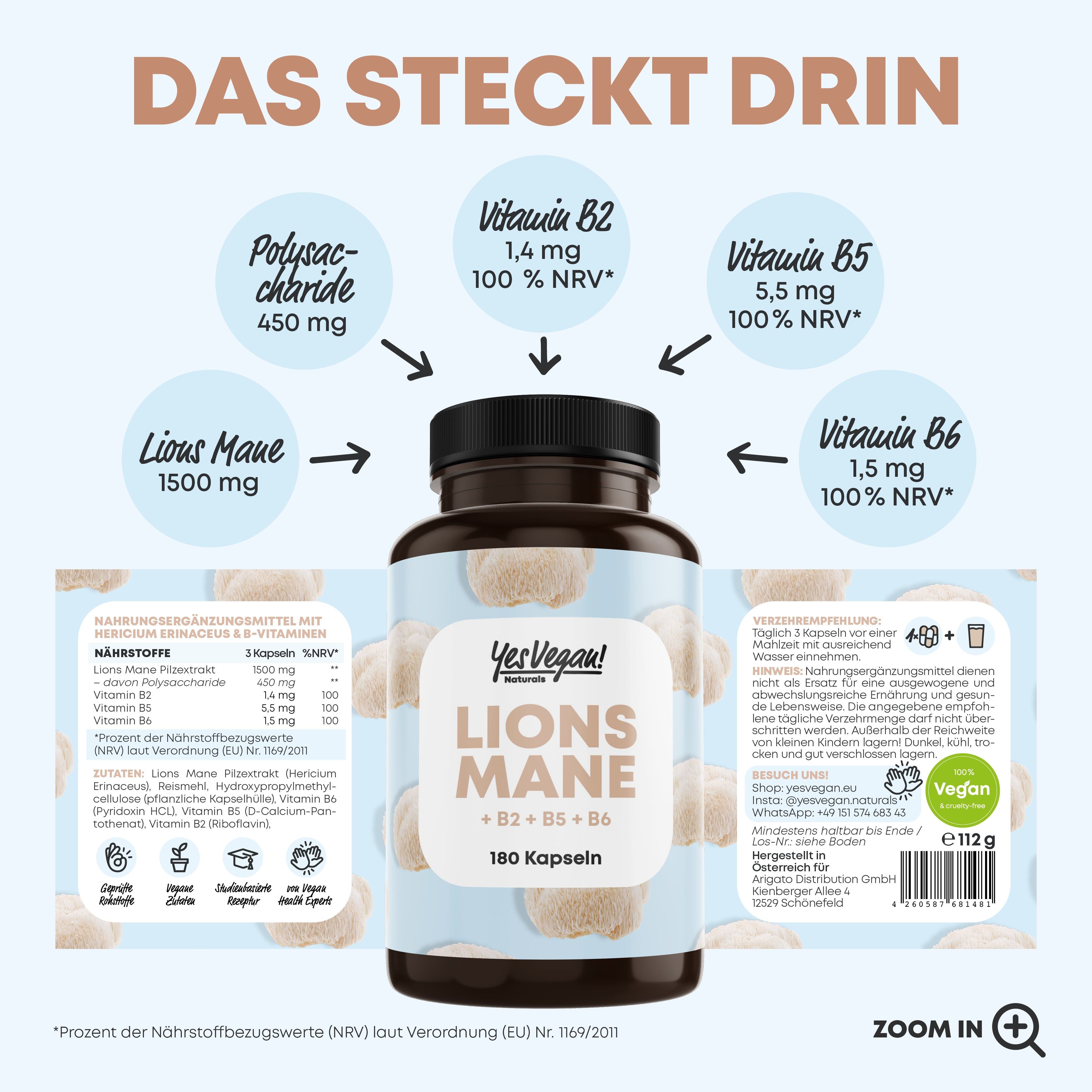 Fles met 'Lions Mane' capsules, 180 stuks. Bevat polysachariden, L-theanine, vitamines B2, B5, B6.