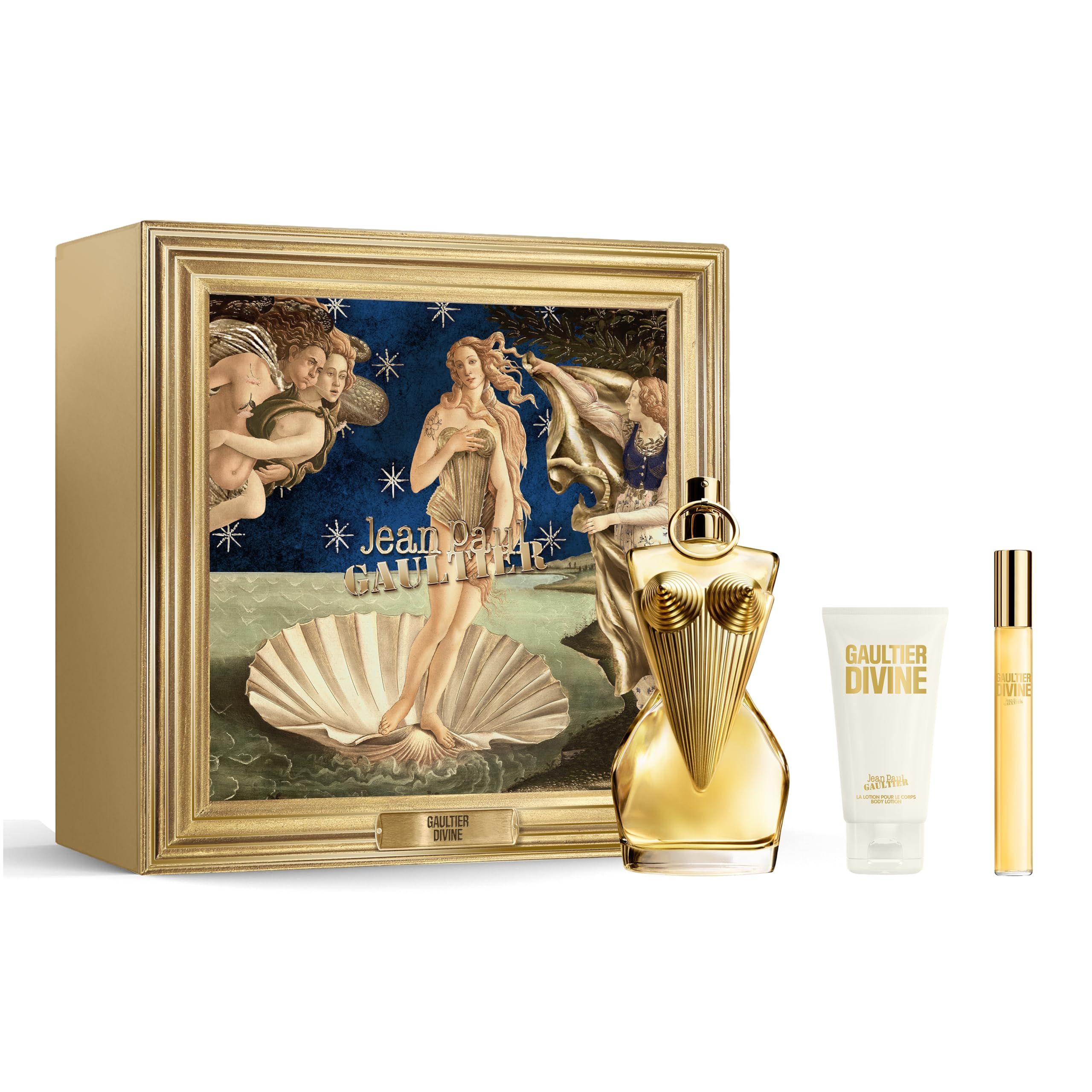 Coffret cadeau avec flacon, tube et vaporisateur. Flacon doré en forme de corset. Inscription : Jean Paul Gaultier Divine.