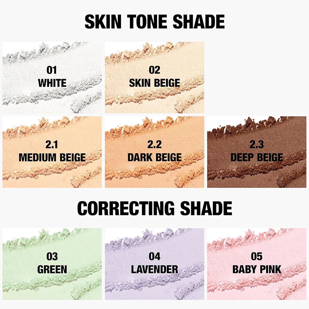 Nuances de poudre : blanc, beige peau, beige moyen, beige foncé, beige profond, vert, lavande, rose bébé. Texte : Skin Tone Shade, Correcting Shade.
