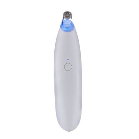 Appareil blanc de soin de la peau avec embout éclairé en bleu et un bouton.