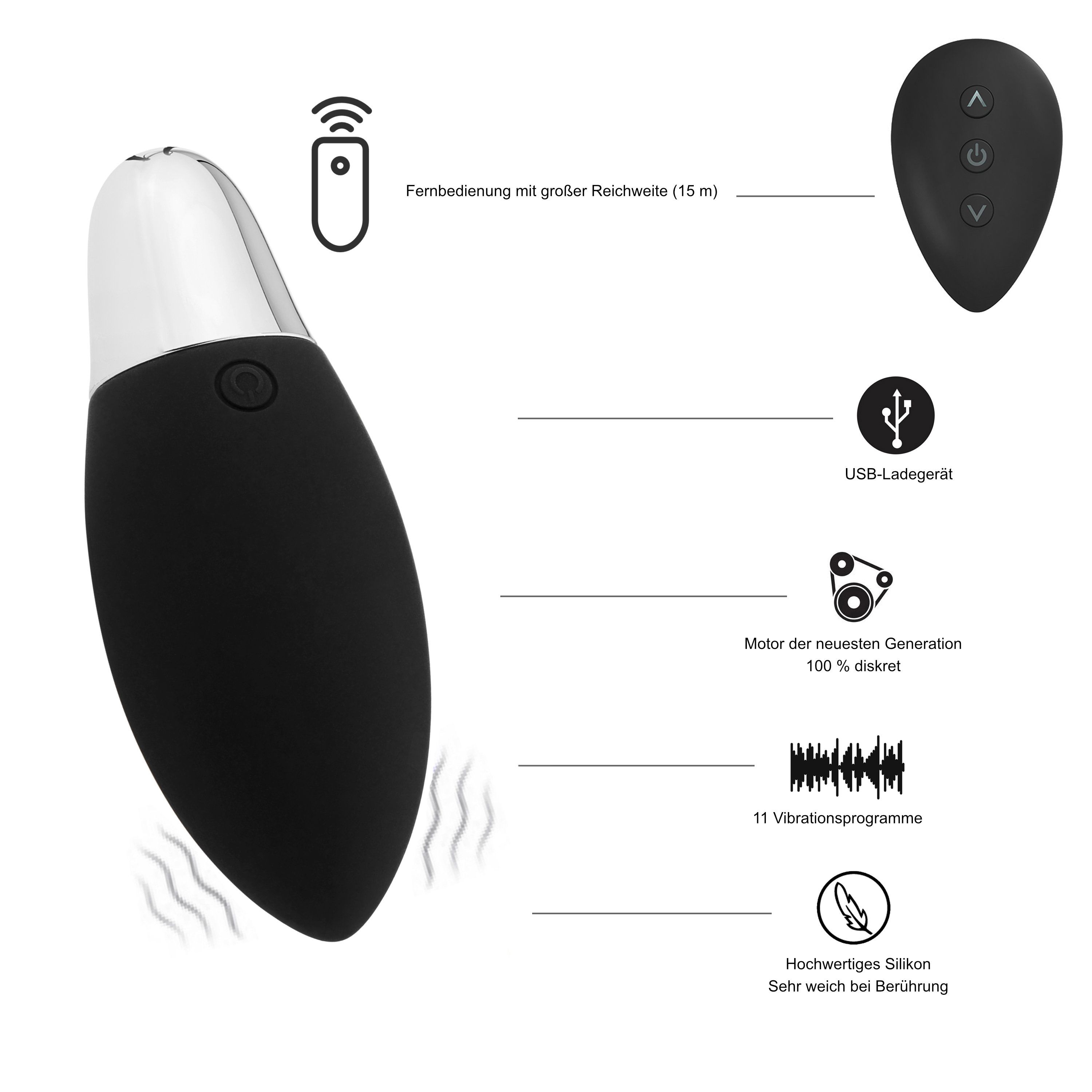 Vibrateur noir avec télécommande, chargeur USB, 11 programmes de vibration.