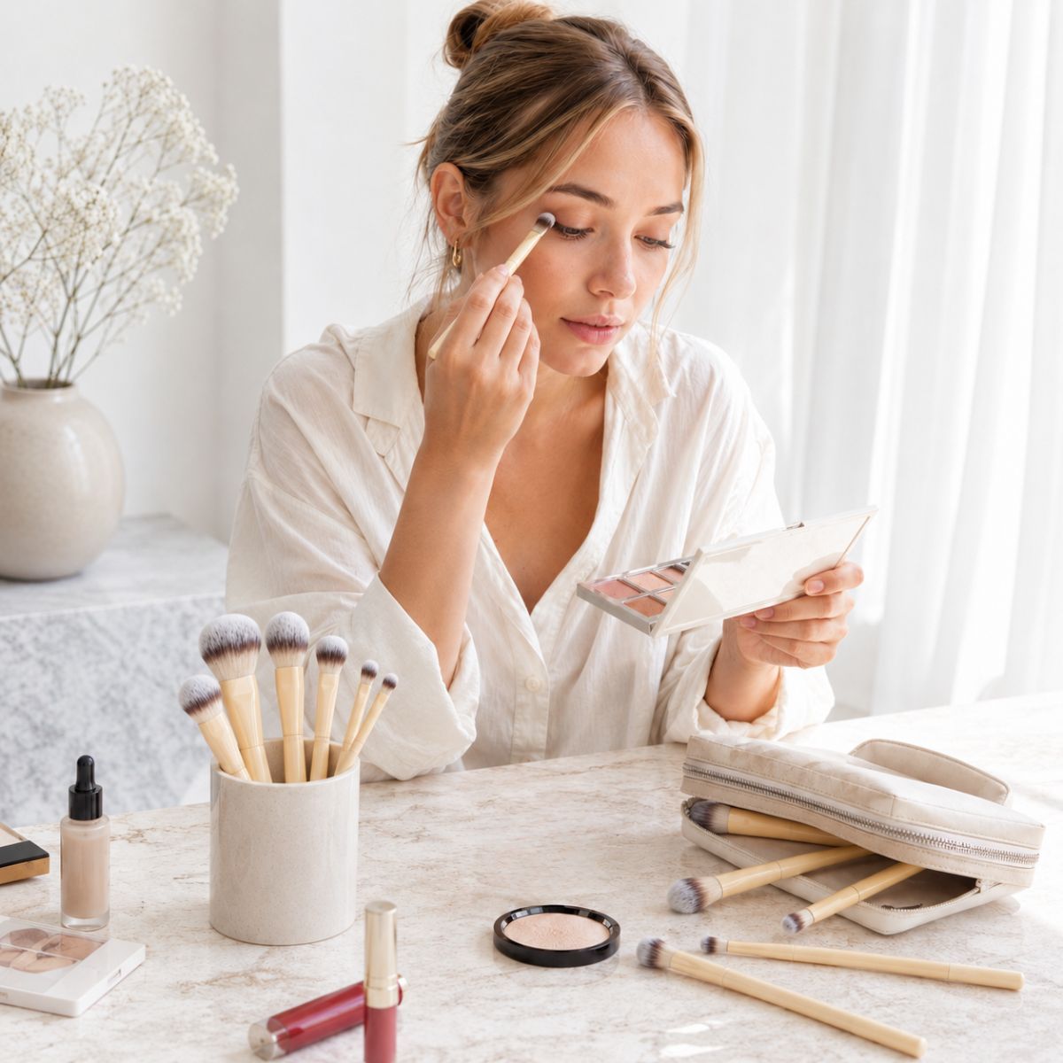 Een vrouw brengt oogmake-up aan. Een kwastenset en cosmetica liggen op tafel.