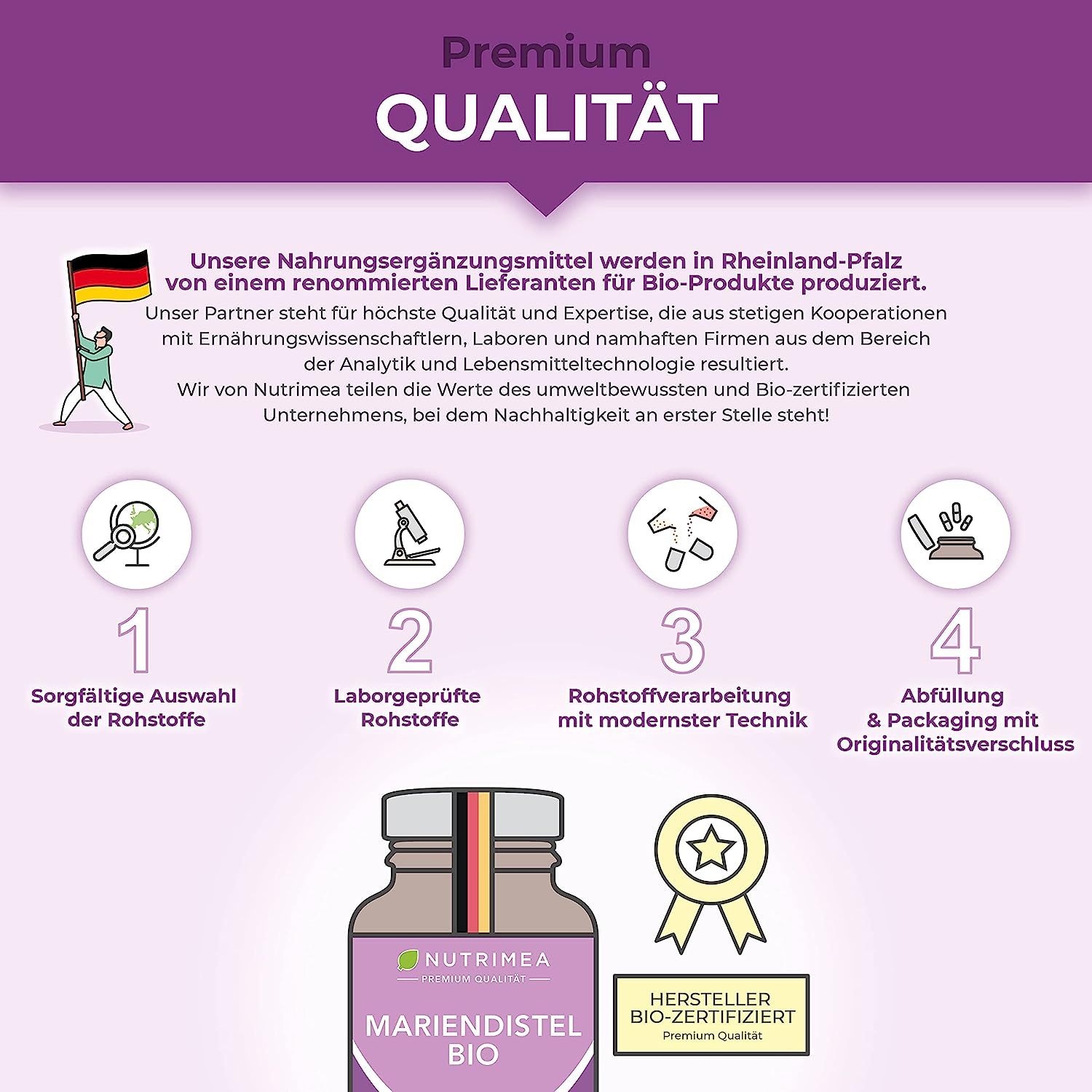 Infographic. Premium kwaliteit. Certificeringen. Fles: Mariadistel BIO. Logo: Nutrimea.