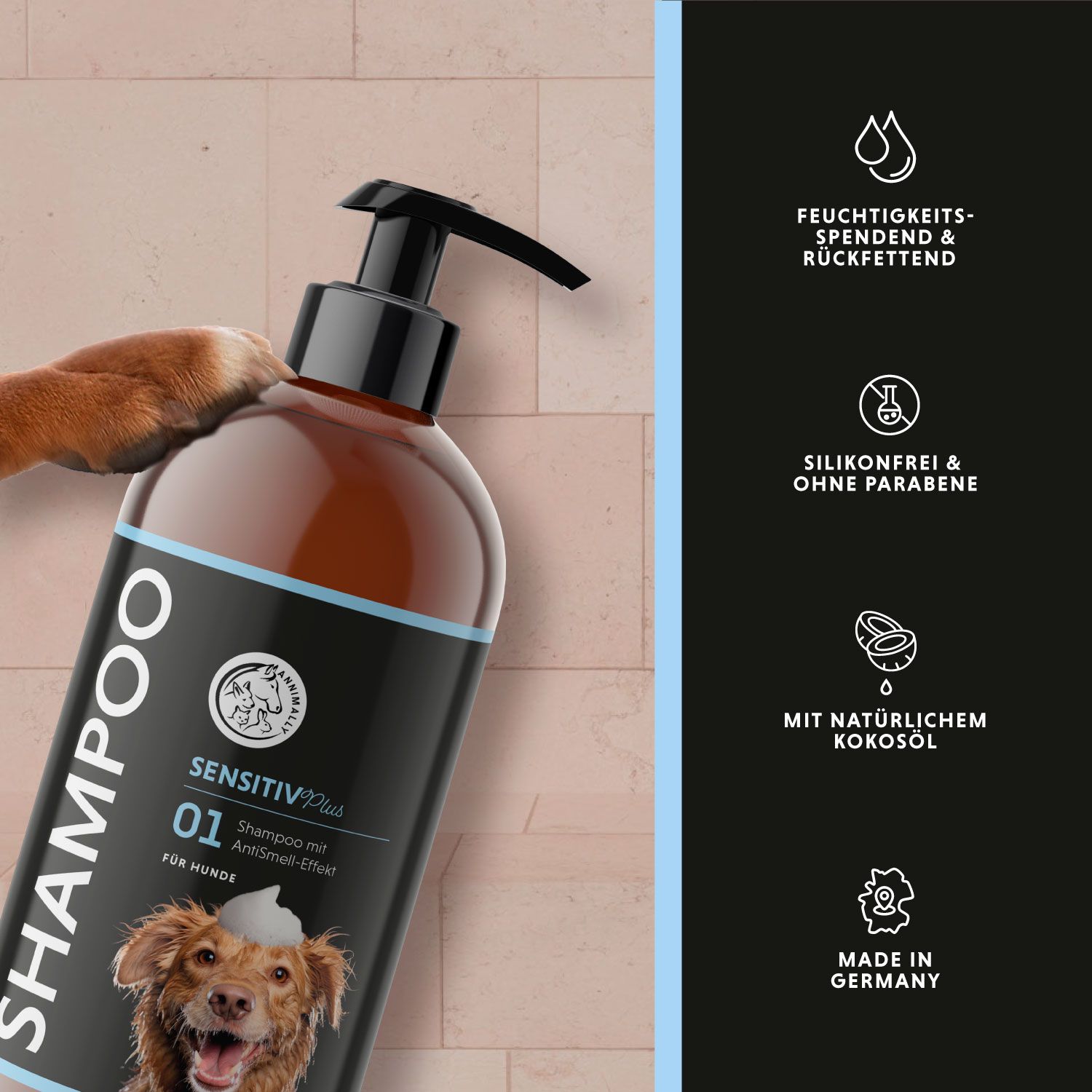 Flacon de shampooing marron avec pompe noire. Texte: SHAMPOO, SENSTIV Plus 01, pour chiens. Icônes: hydratation, sans silicone, huile de coco.
