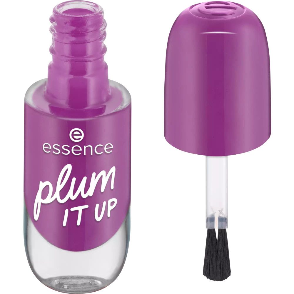 Flacon de vernis à ongles avec pinceau et bouchon. Marque: Essence. Couleur: Plum It Up. Flacon transparent.