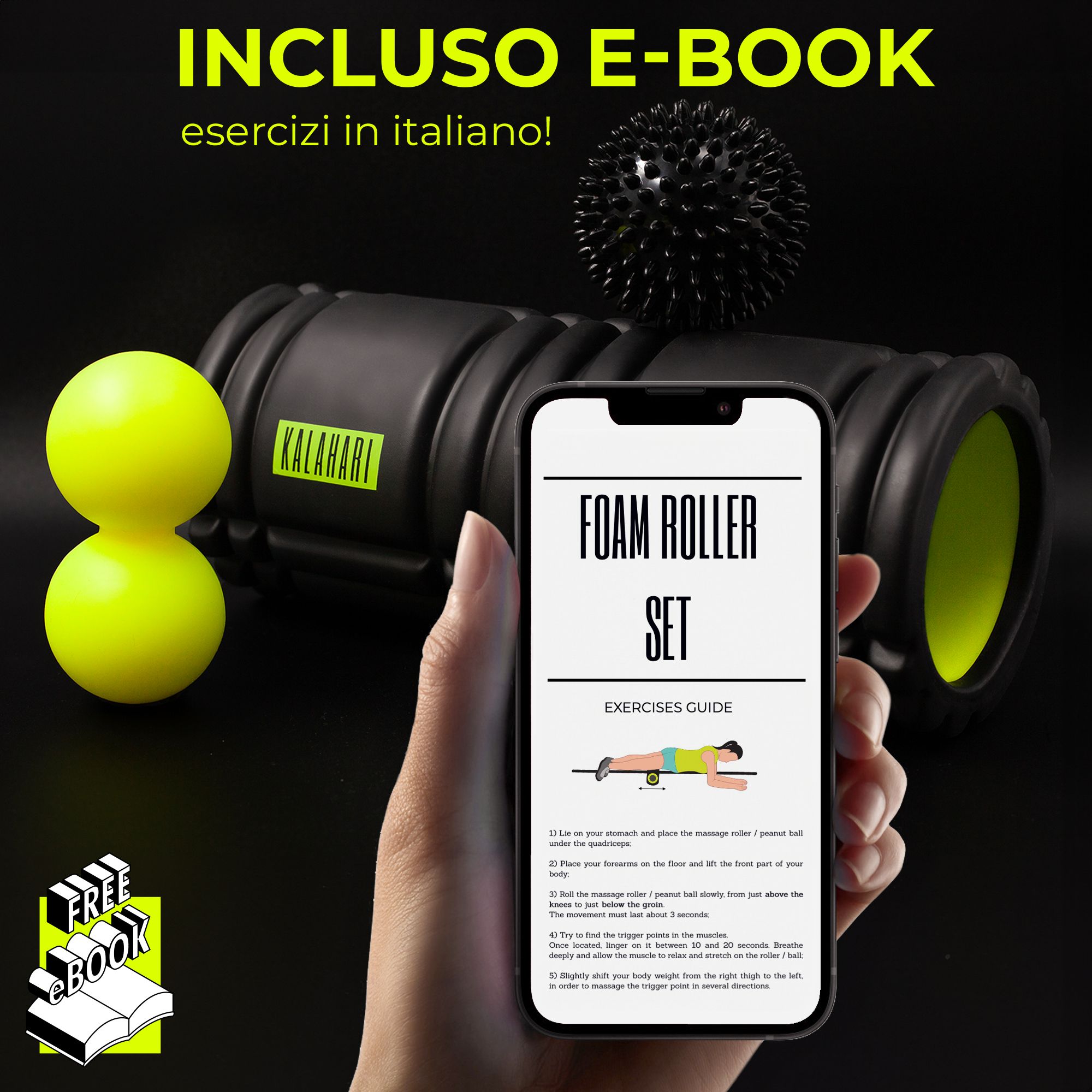 Fascia roller set met e-book op smartphone. Zwarte roller, stekelbal, duoball.