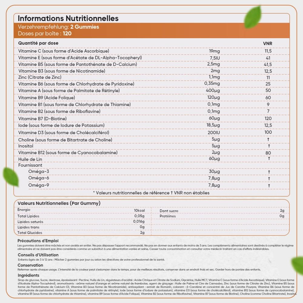 Informations nutritionnelles pour les gummies multivitamines. Texte : 2 gummies par portion. Vitamines et minéraux. Valeurs nutritionnelles.