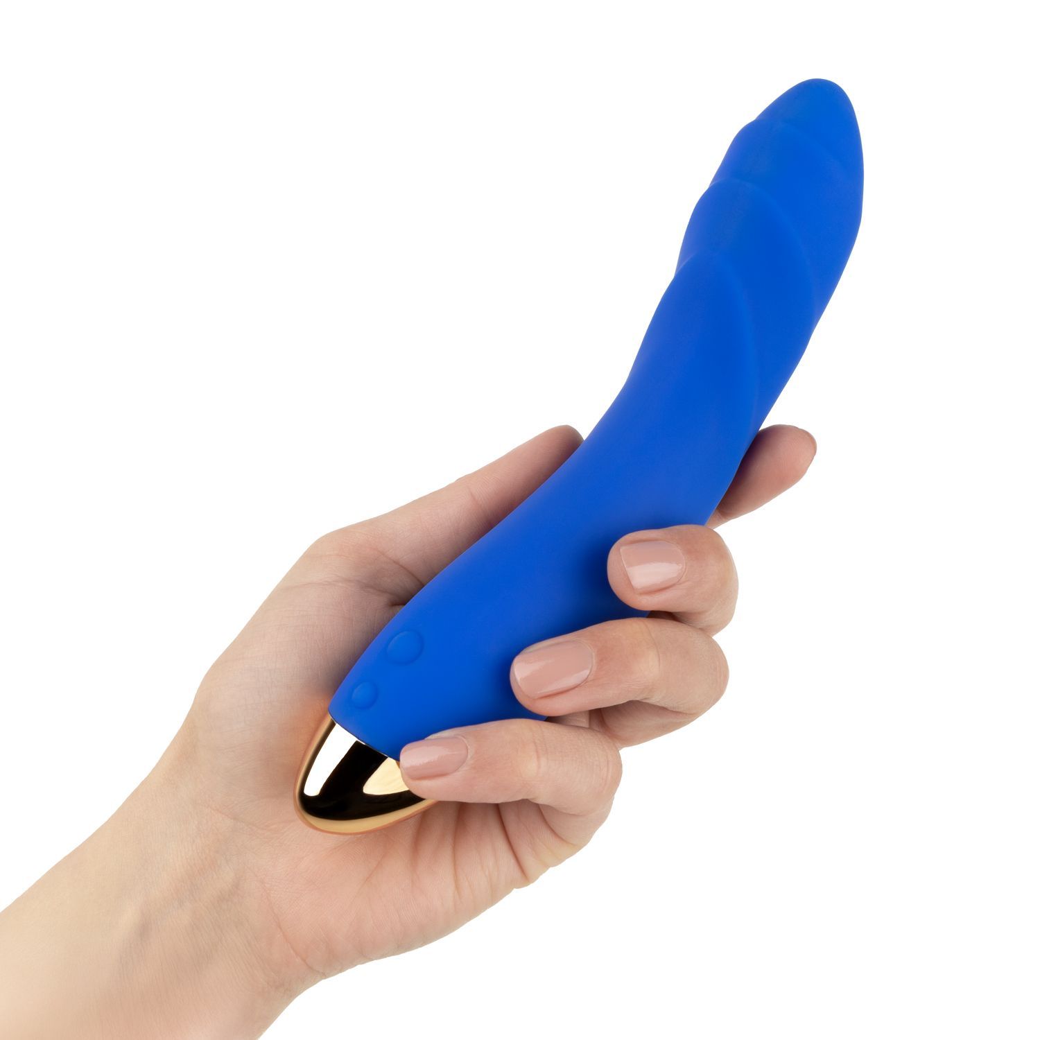 Vibrateur bleu avec embout doré, tenu dans une main.