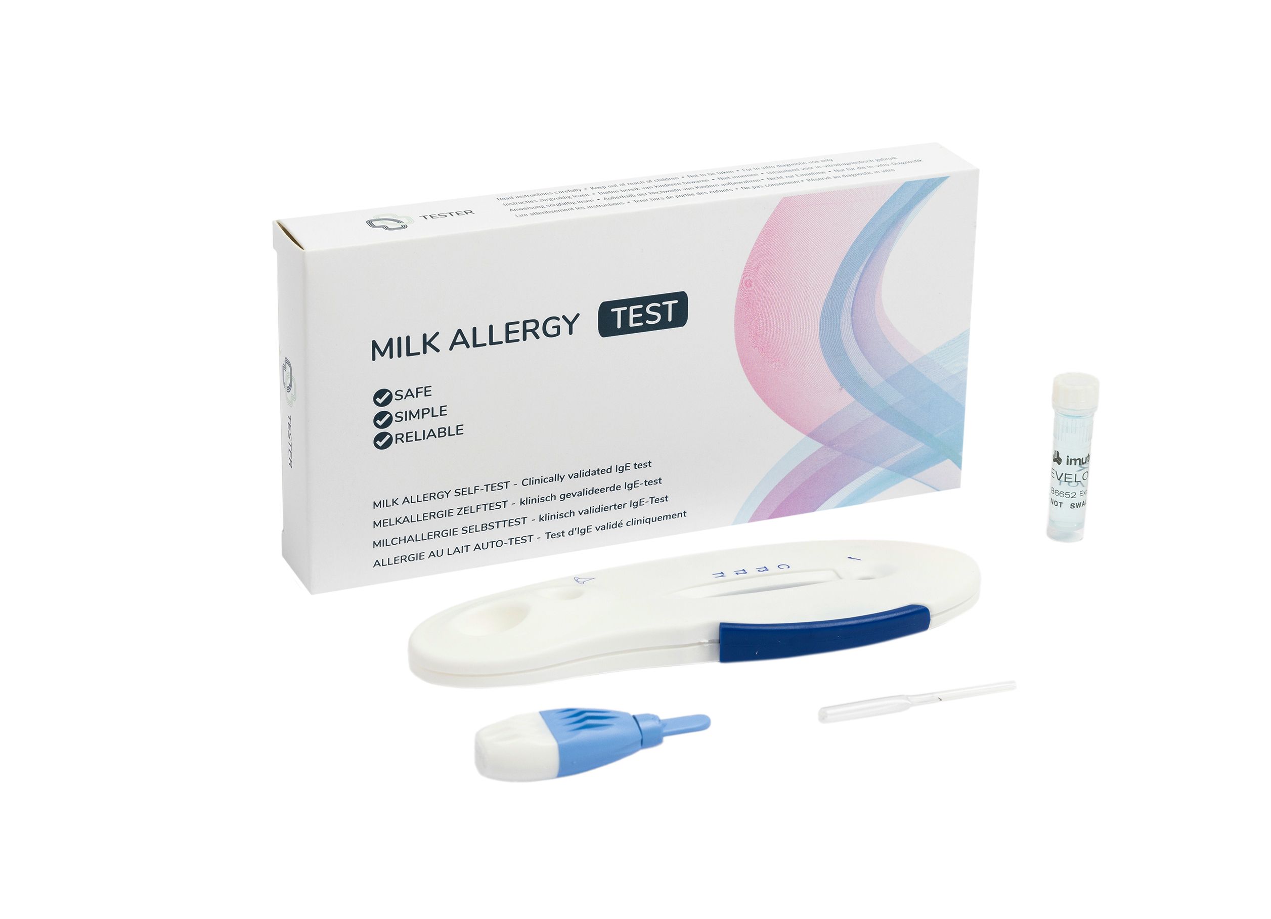 Melkallergietestkit met teststrip, lancet, buisje en instructies. Verpakking met productnaam.
