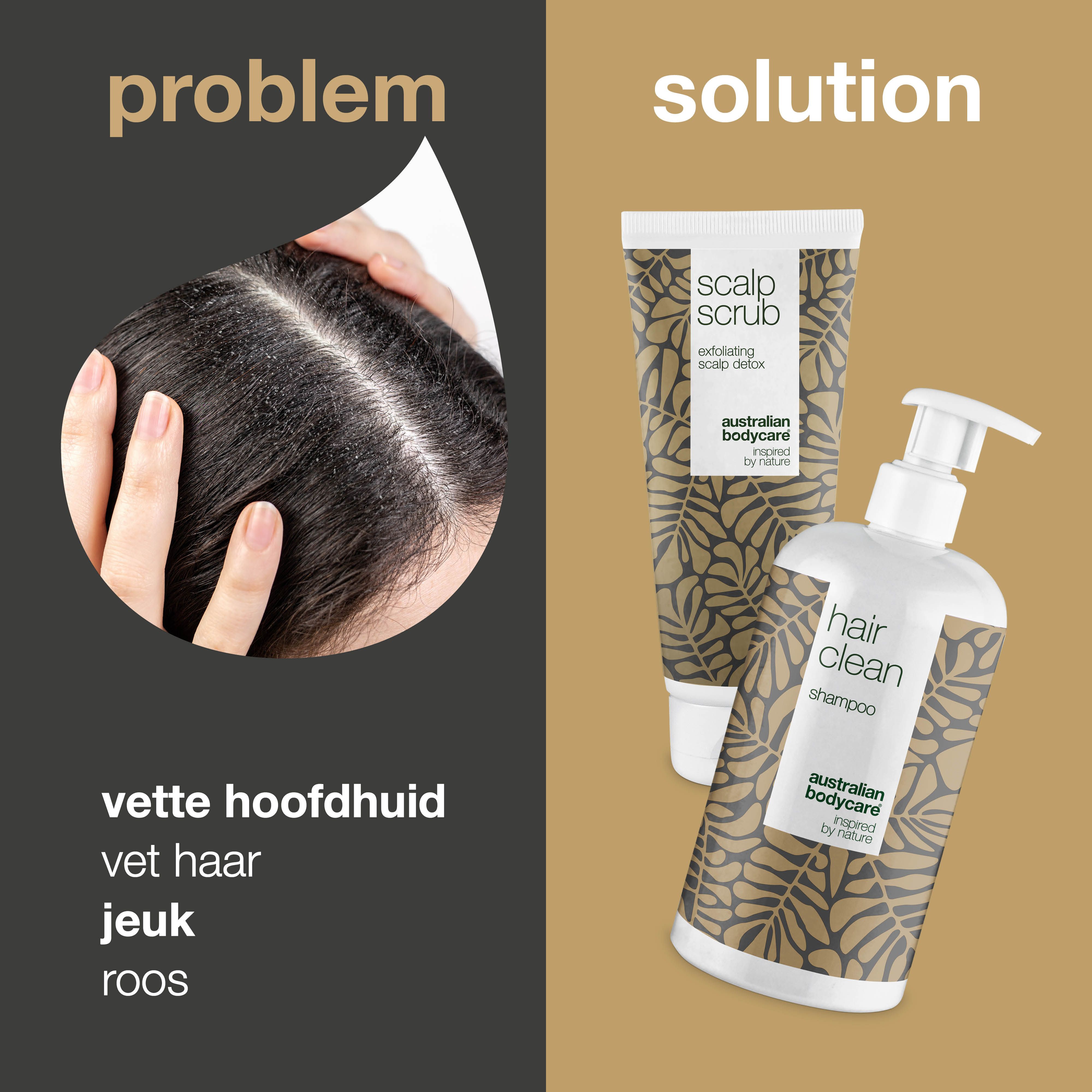 Probleem: Vettige hoofdhuid, vet haar, jeuk, roos. Oplossing: shampoo en scrub. Merk: Australian Bodycare.