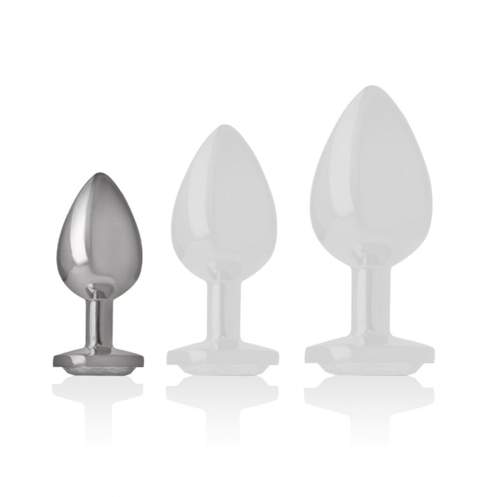 Trois plugs anaux. Un en métal, deux en plastique transparent. Différentes tailles.
