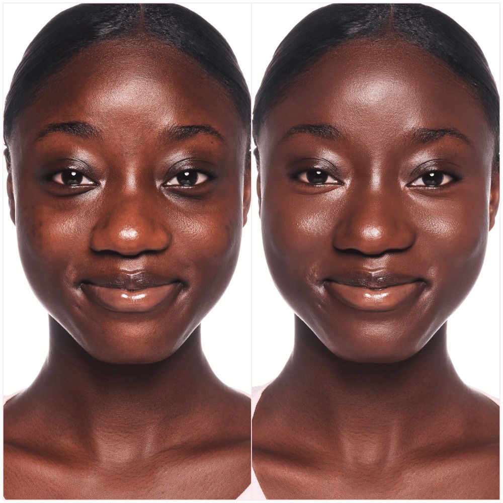 Deux visages, non maquillé à gauche, avec Skin Tint Foundation à droite. Différence de teint notable.