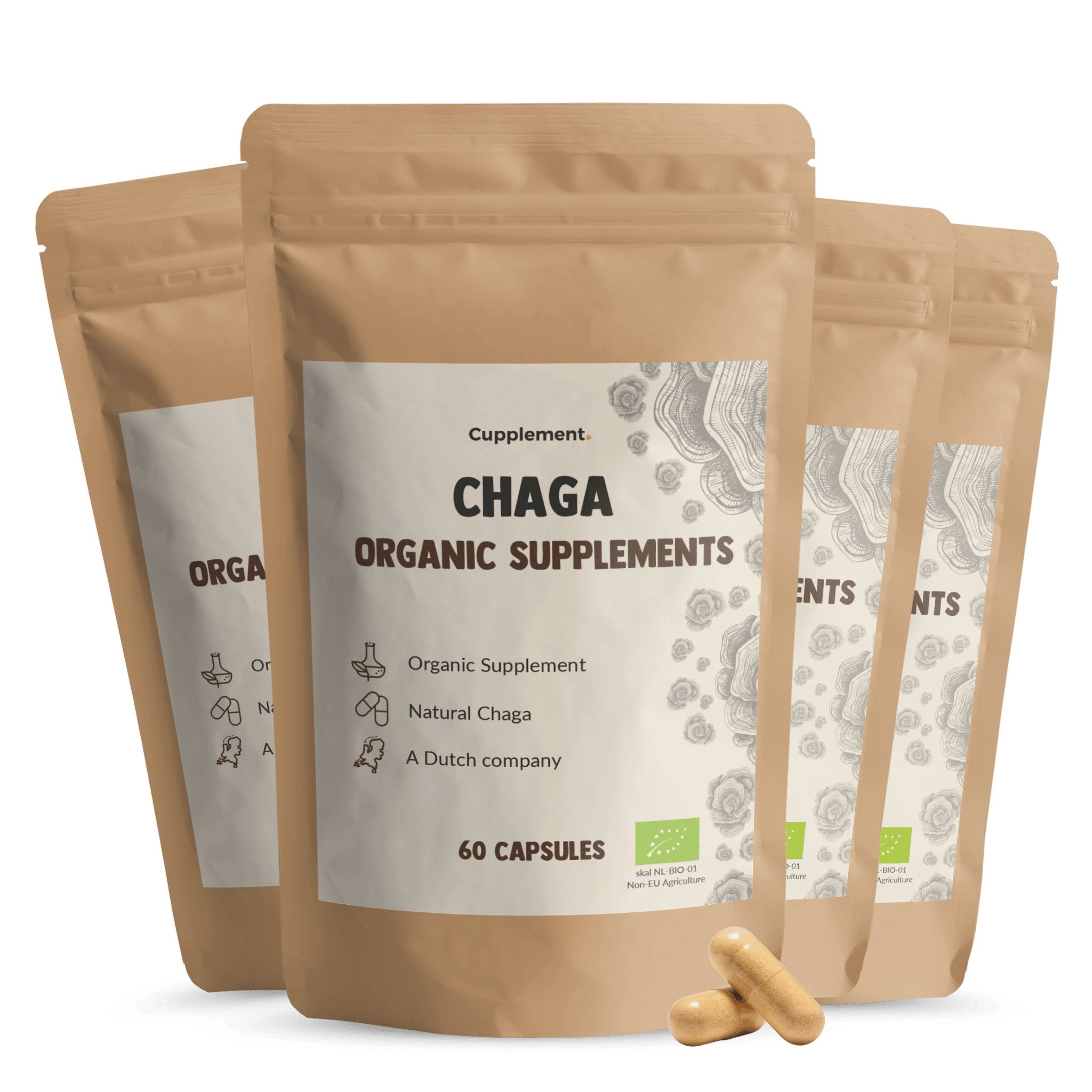 Meerdere zakjes Chaga capsules. Opschrift: Cupplement, Chaga, Organic Supplements, 60 capsules. Enkele capsules ernaast.