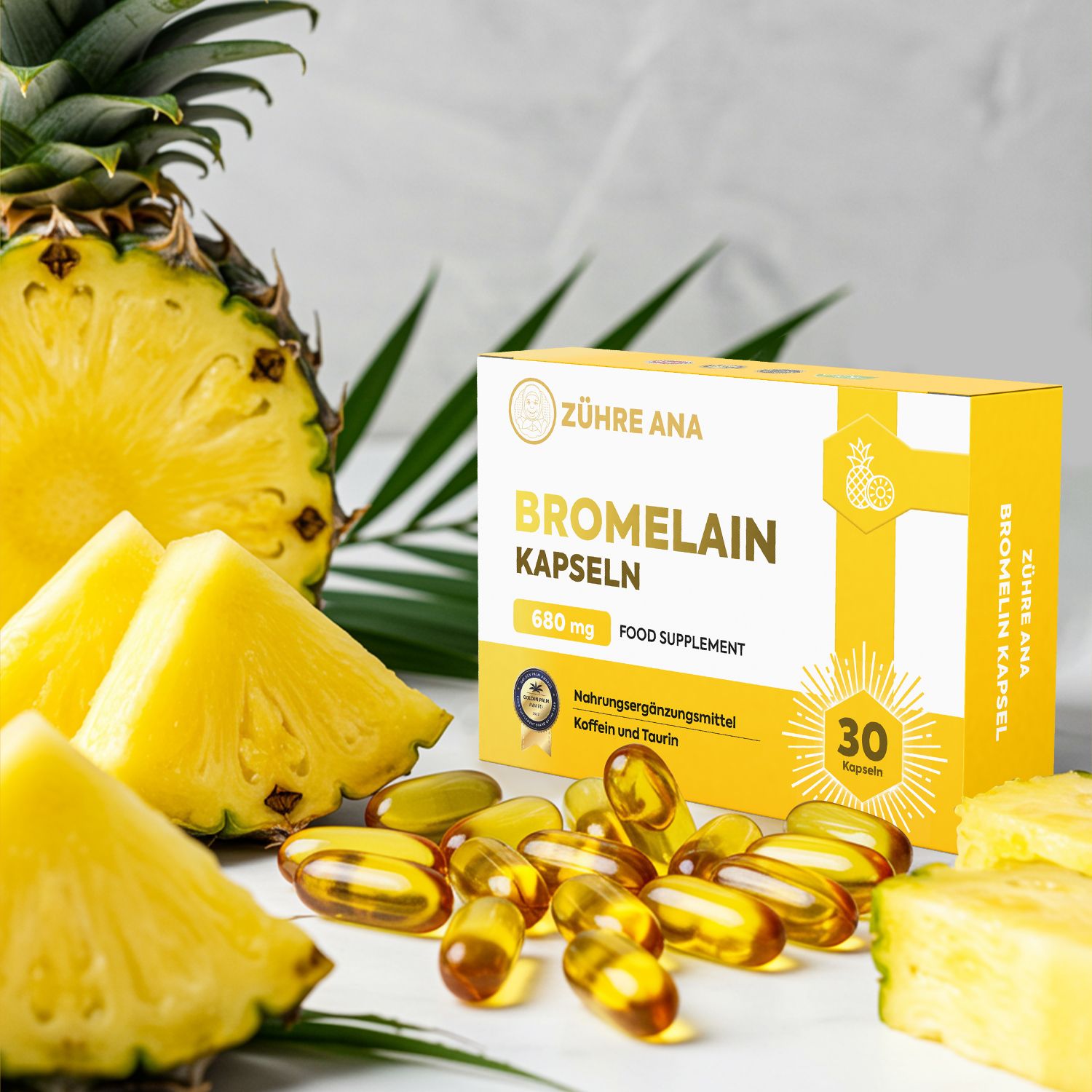 Gélules de Bromélaïne Zühre Ana, 30 pièces, motif ananas.