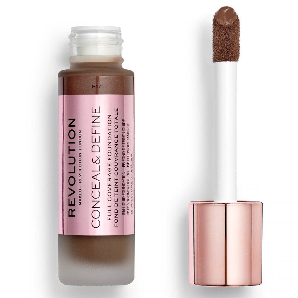 Vloeibare foundation in glazen fles met applicator. Roze etiket met productnaam en merk. Dop en applicator roségoud.