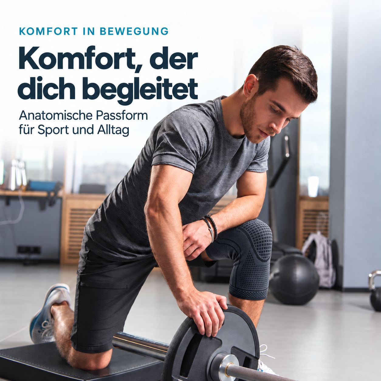 Man in sportschool met kniebandage, legt gewicht op halterstang. Anatomische pasvorm voor sport en dagelijks leven.