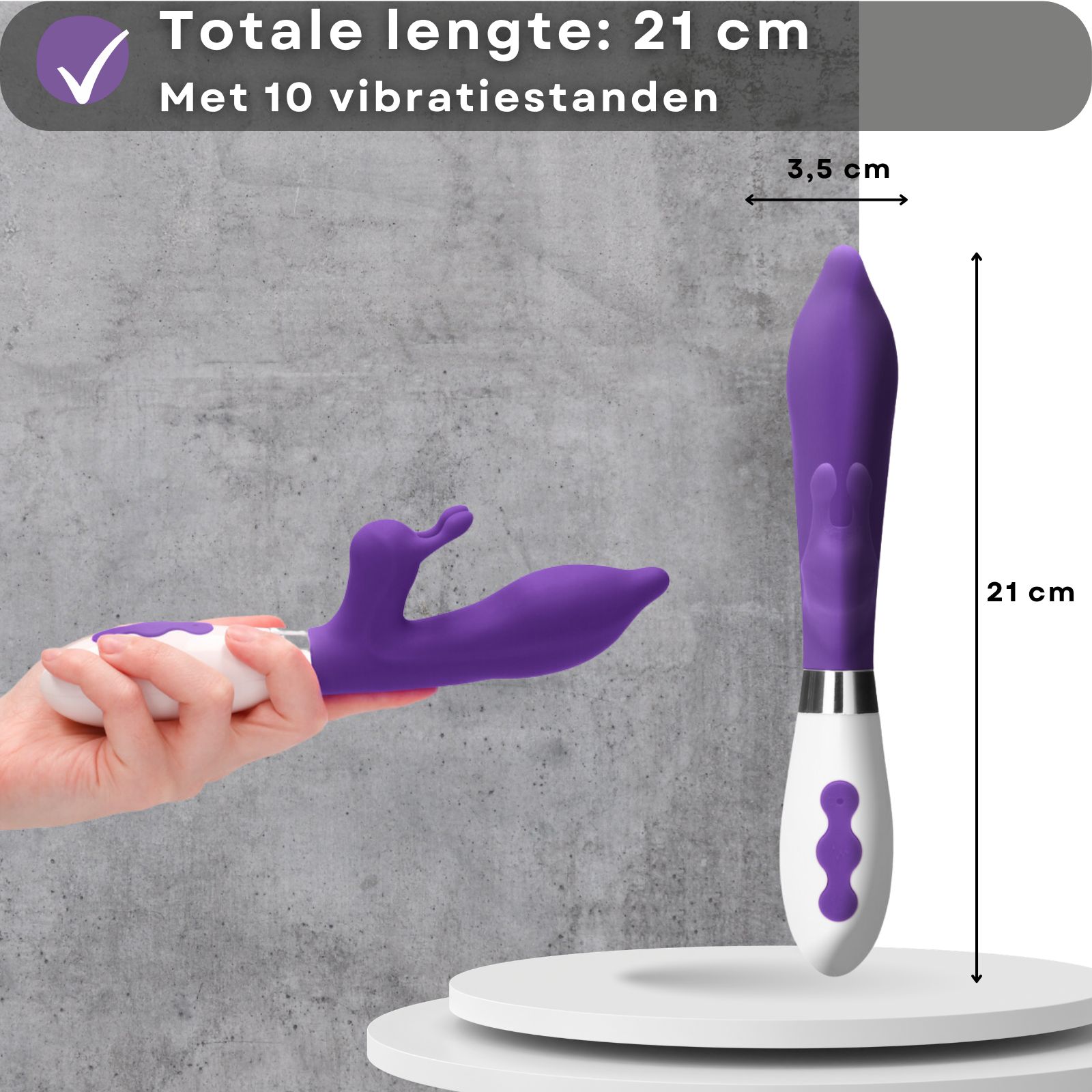 Paarse vibrator met konijnenoren, 21 cm, 3,5 cm diameter. Siliconen en ABS. Paar op achtergrond.