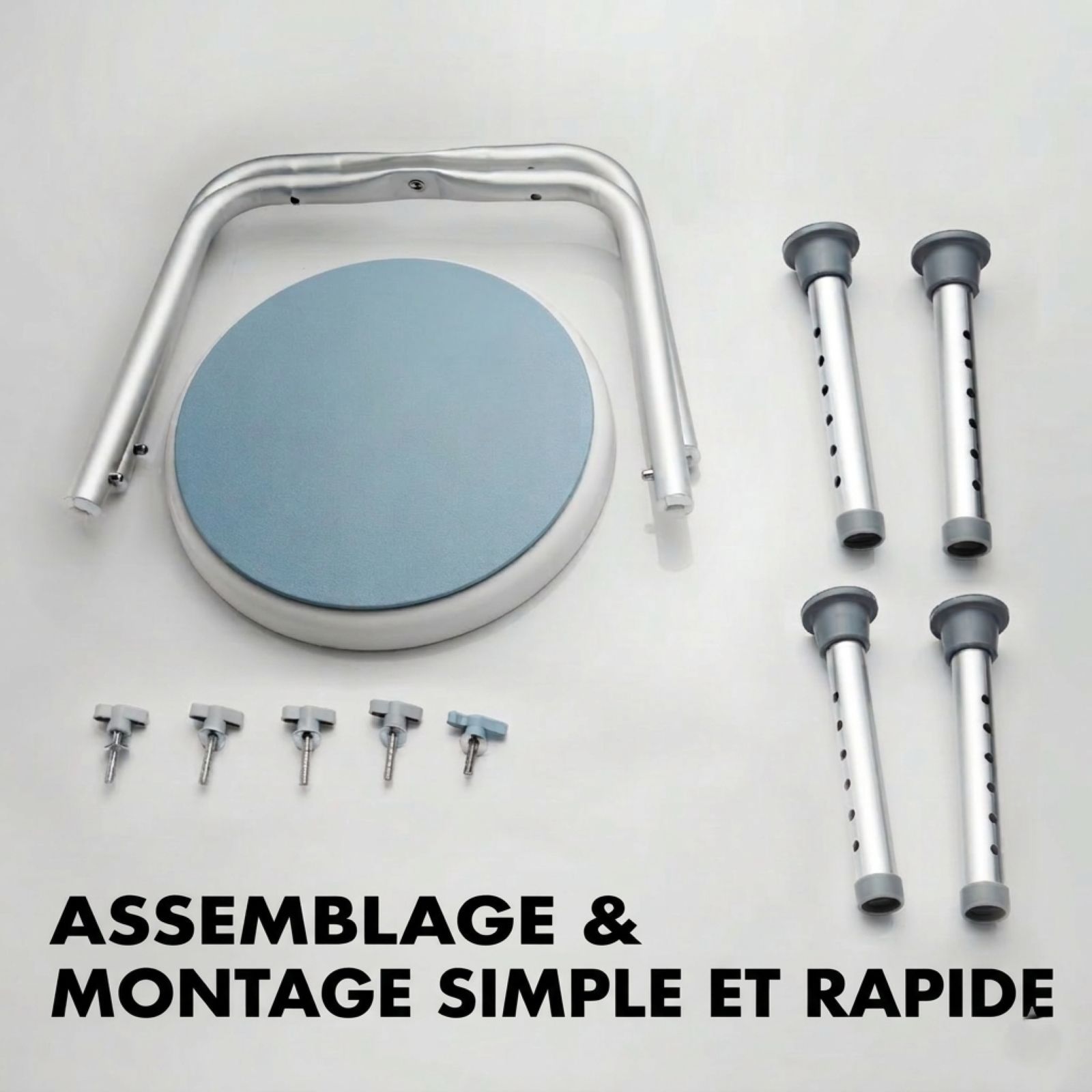 Composants du tabouret de douche : siège, pieds, vis. Assemblage simple et rapide.