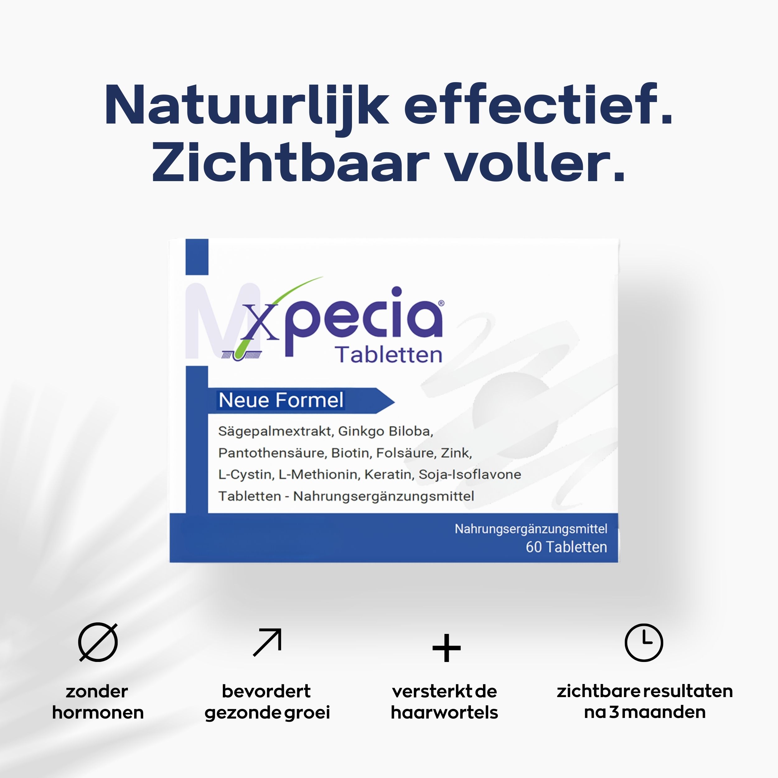 Xpecia tabletten verpakking. Blauwe verpakking met tekst. Bevat 60 tabletten. Zonder hormonen, bevordert groei.