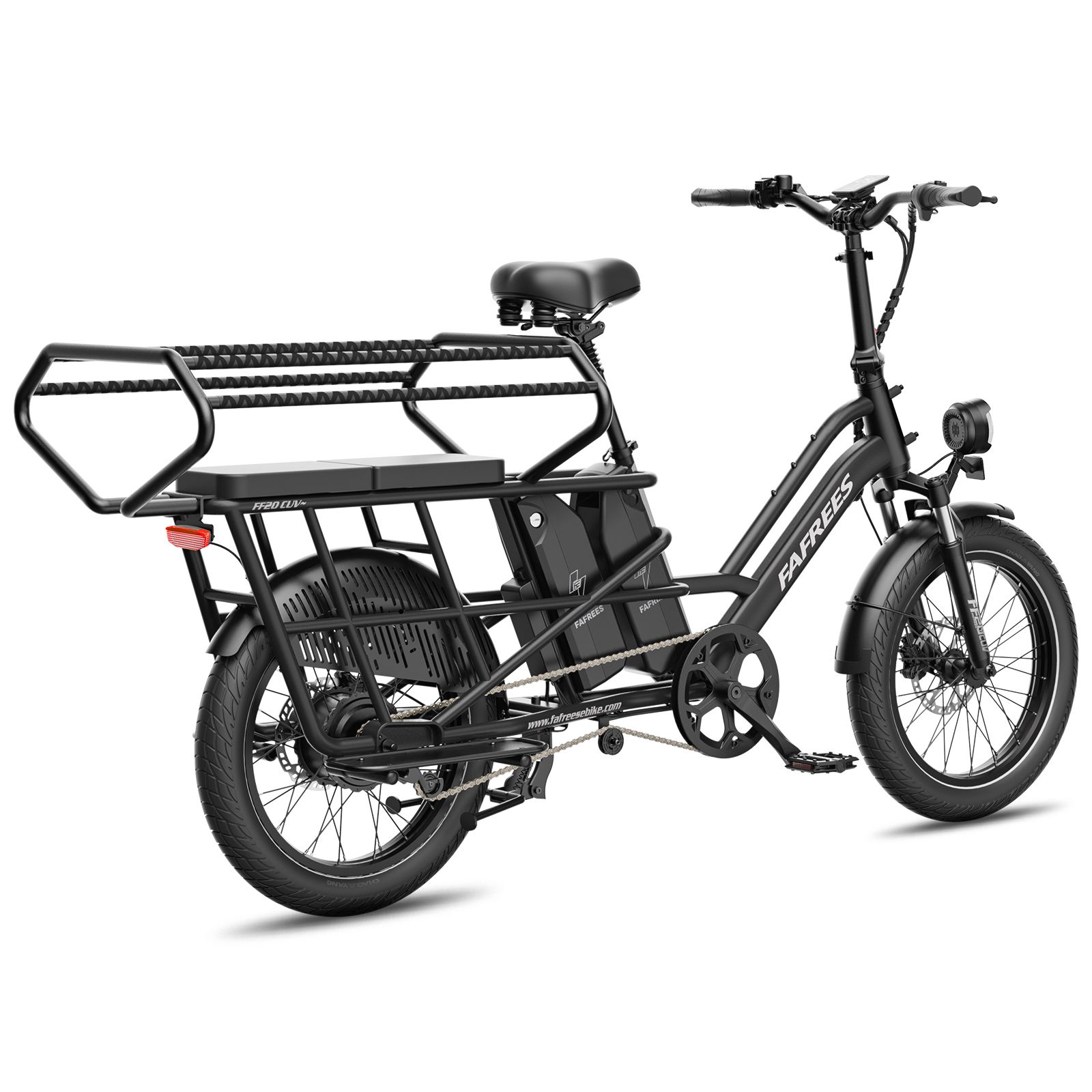 Vue arrière d'un vélo électrique Fafrees FF20 CUV noir avec deux batteries et grand porte-bagages.