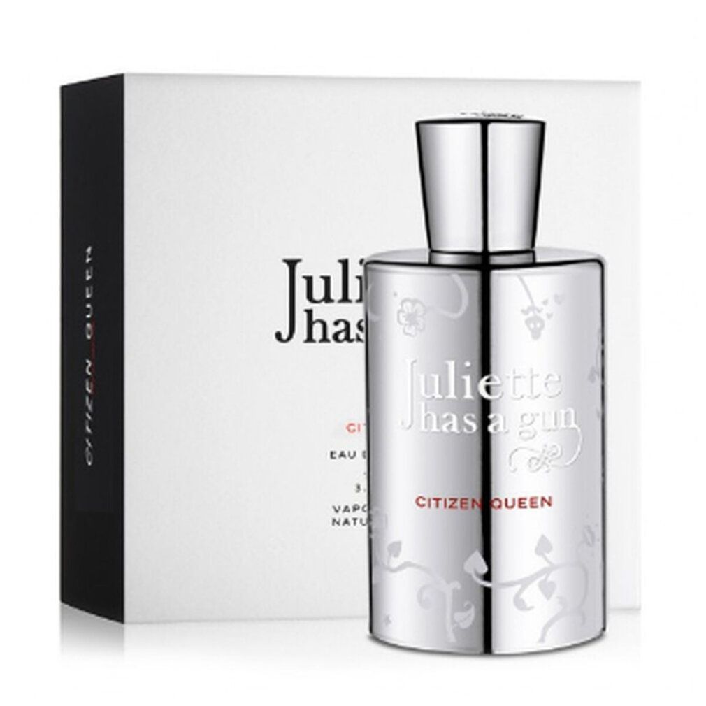 Flacon de parfum avec bouchon argenté et emballage blanc. Le flacon porte l'inscription "Juliette Has a Gun Citizen Queen".