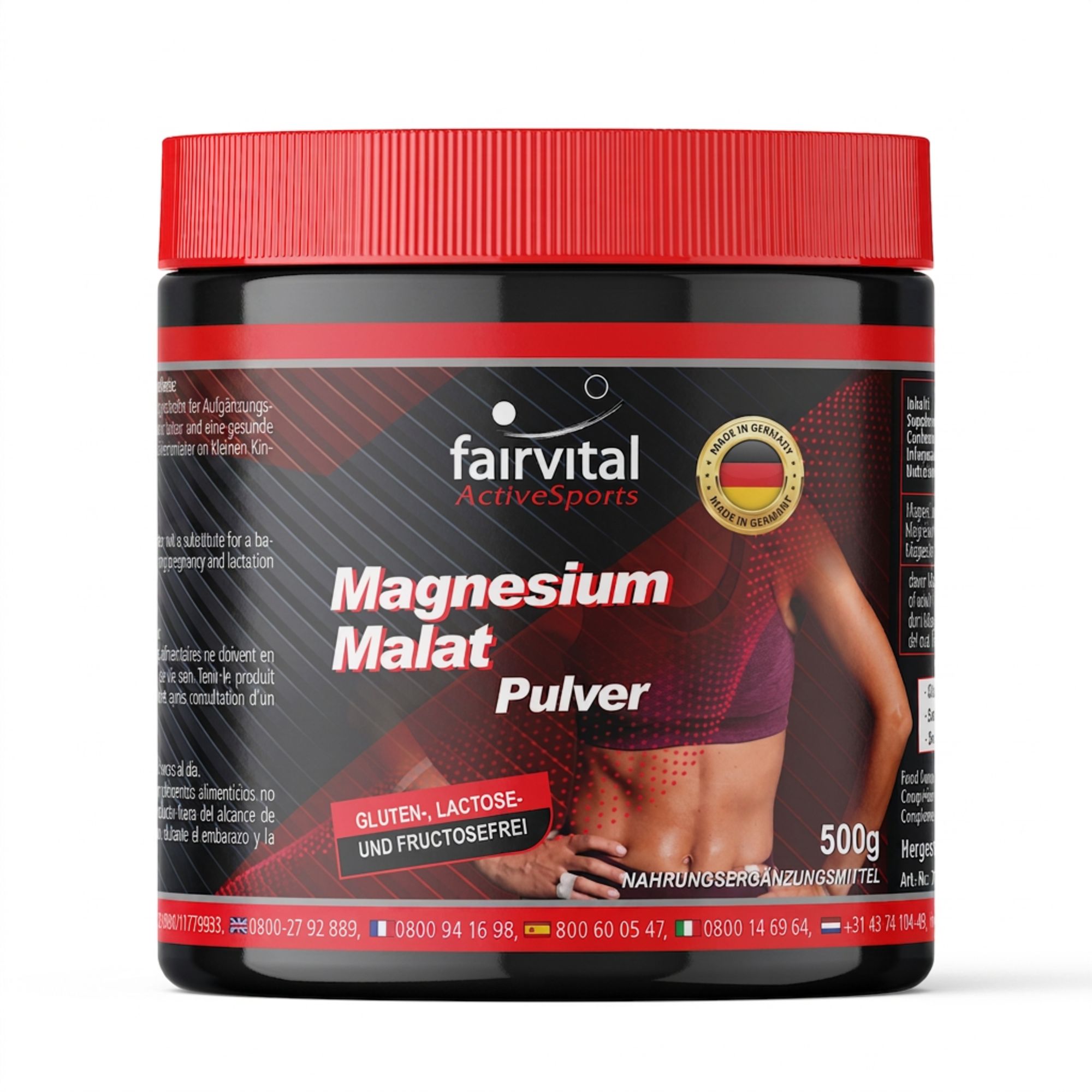 Fairvital Magnesium Malaat poeder in zwarte pot met rode deksel, 500g. Glutenvrij, lactosevrij en fructosevrij.