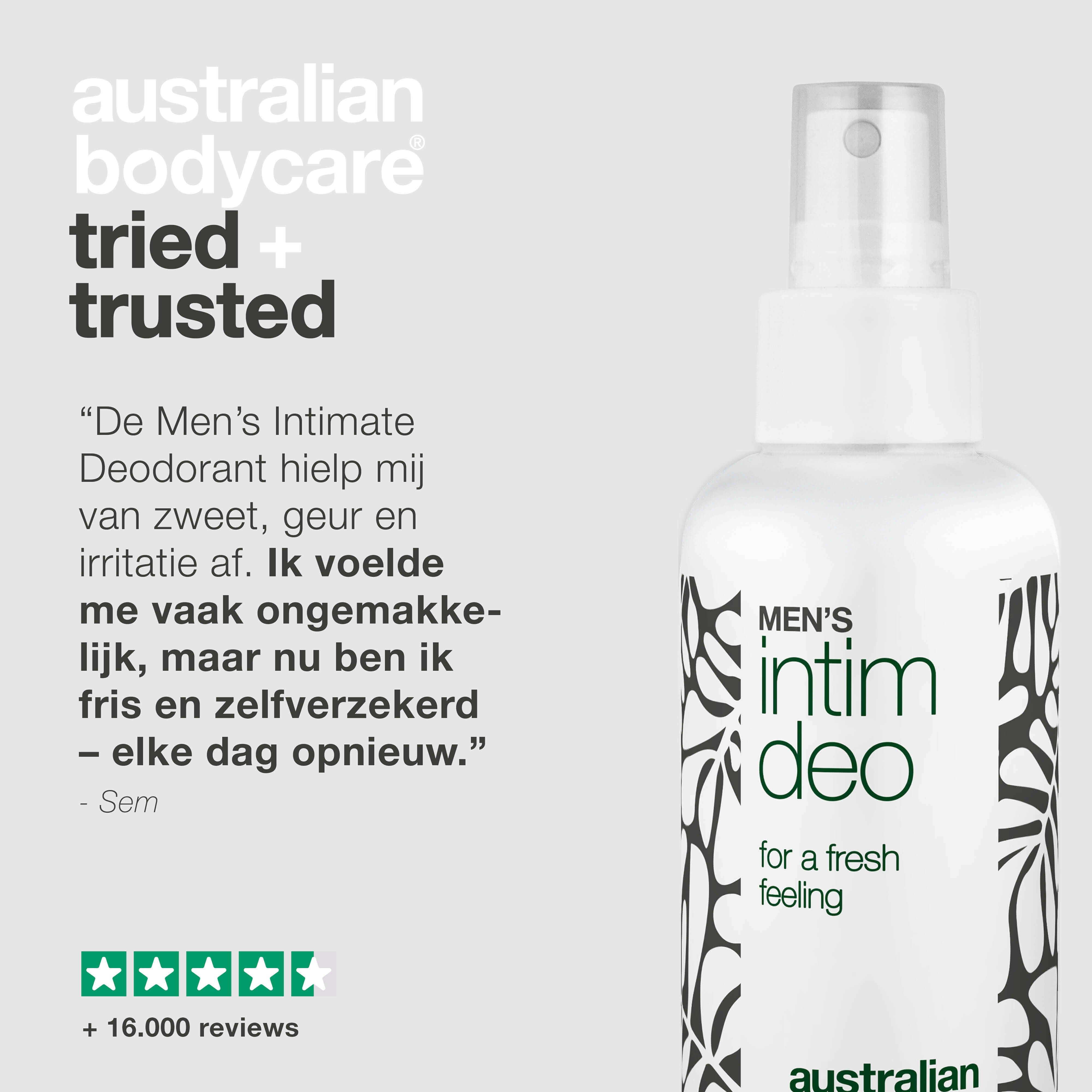 Intieme deo-spray. Citaat: Helpt tegen zweet, geur en irritatie. Fris gevoel. +16.000 beoordelingen. Australian Bodycare.