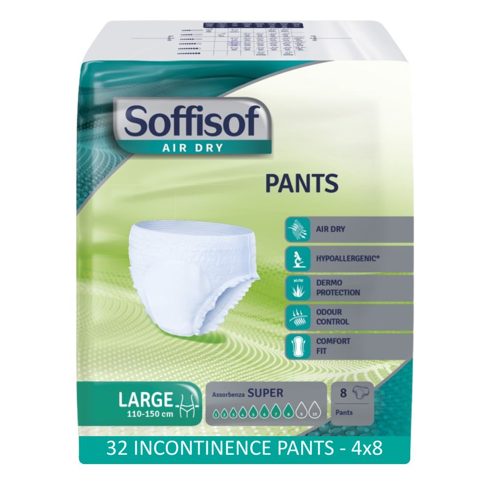 Soffisof Pants, maten M, L, XL met absorptie en tailleomtrek.