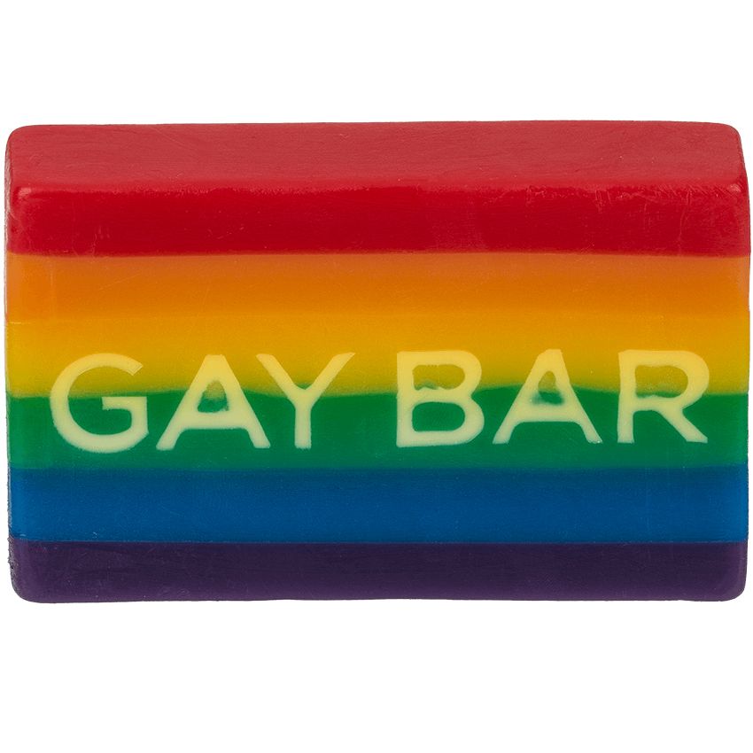 Regenboogzeep met de tekst GAY BAR. Rechthoekige vorm.