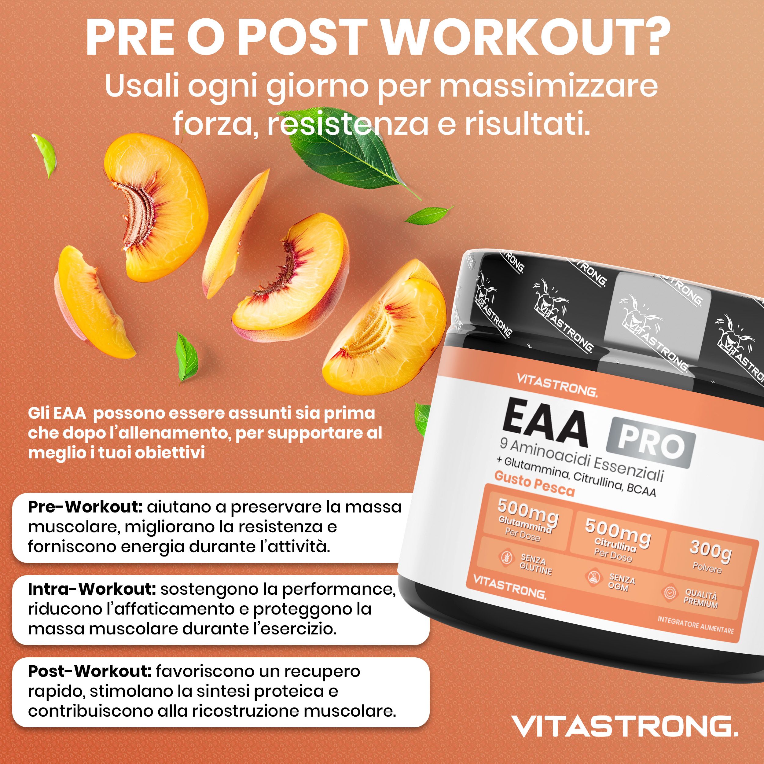 Vitastrong EAA Pro, pot. Pêches. EAA avant ou après l'entraînement. Préserver la masse musculaire, fournir de l'énergie. Récupération rapide.