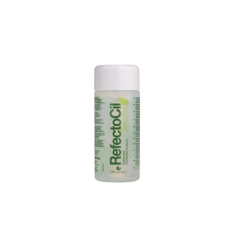 Kleine witte fles met RefectoCil-logo. Groenachtige vloeistof zichtbaar. Tekst op de fles.