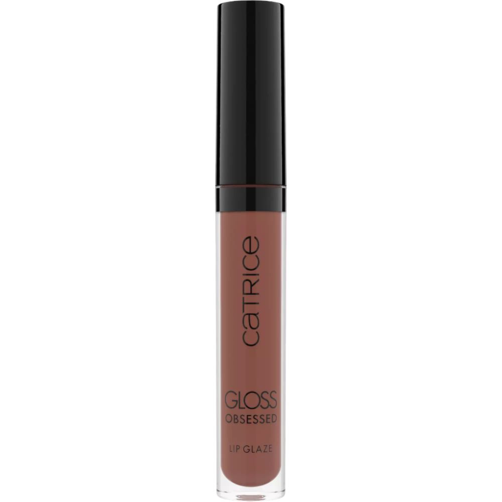 Lipgloss tube met zwarte dop. Opschrift: Catrice, Gloss Obsessed, Lip Glaze. Kleur: bruin.