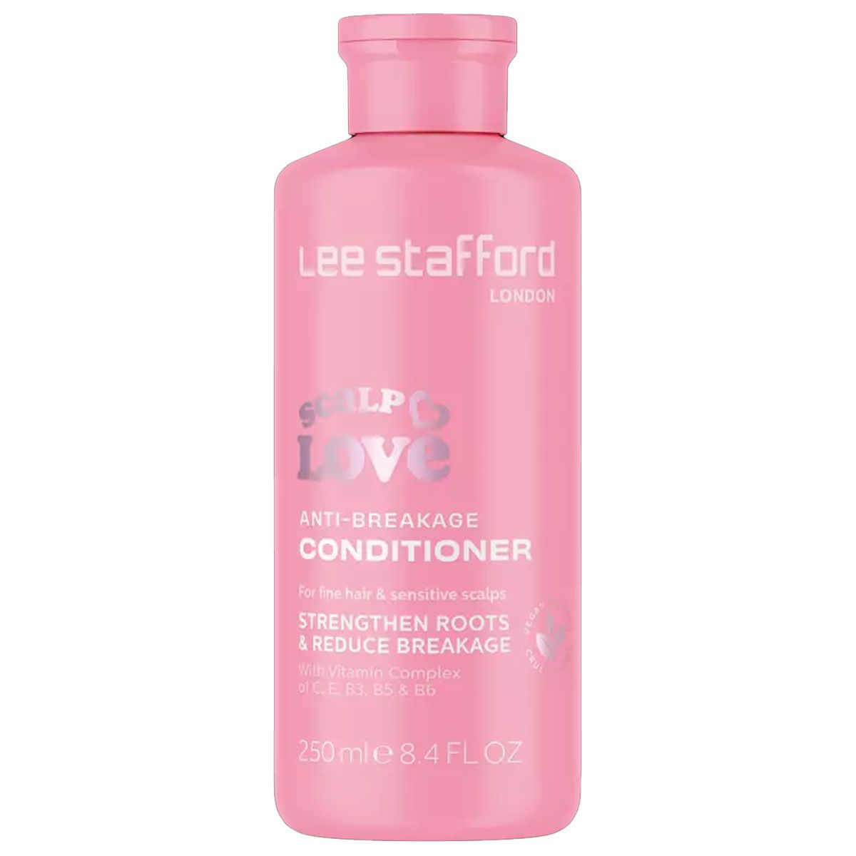 Een roze fles Lee Stafford Scalp Love Anti-Breakage Conditioner, 250ml.