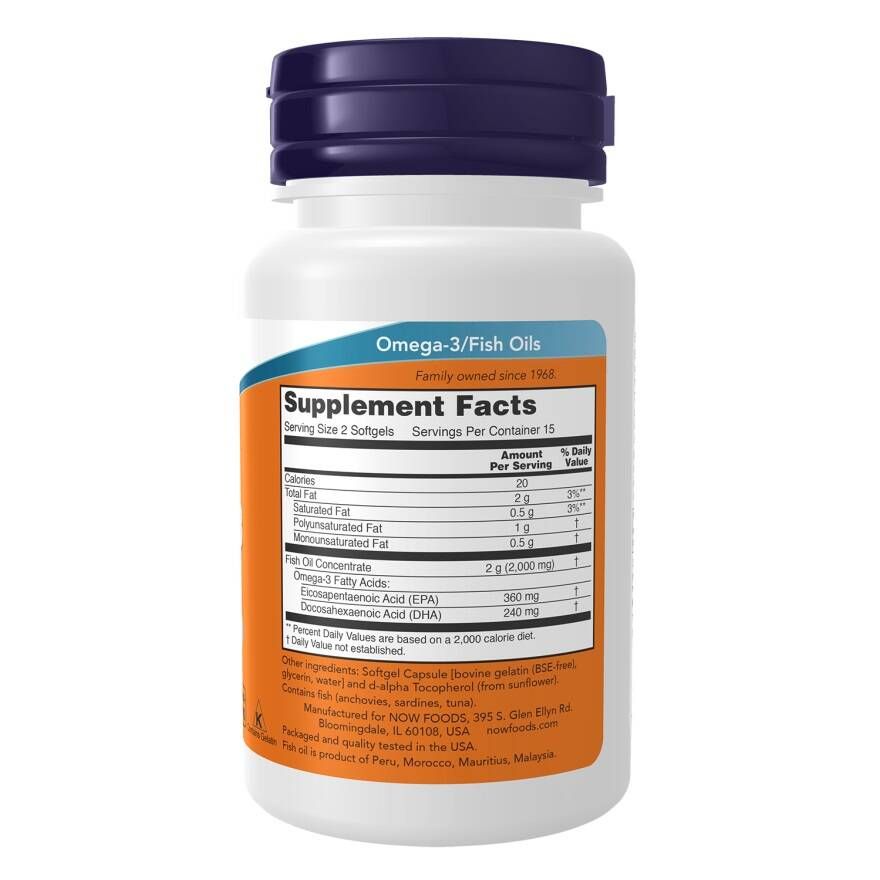 Achterkant Omega-3 fles. Voedingsfeiten op oranje etiket. NOW logo en info.