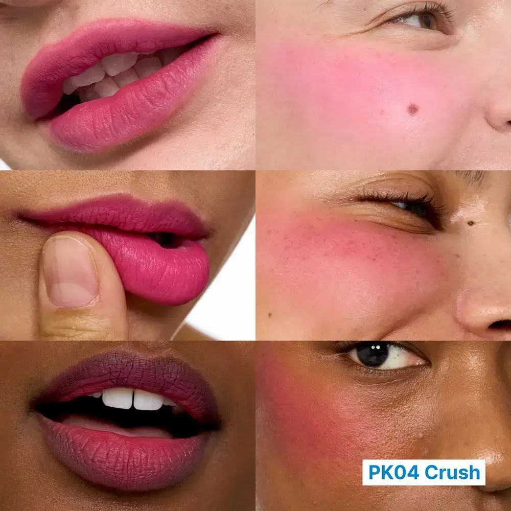 Diverse lippen en wangen met roze tint. Tekst PK04 Crush onderaan. Lippen en wangen op verschillende huidtinten.