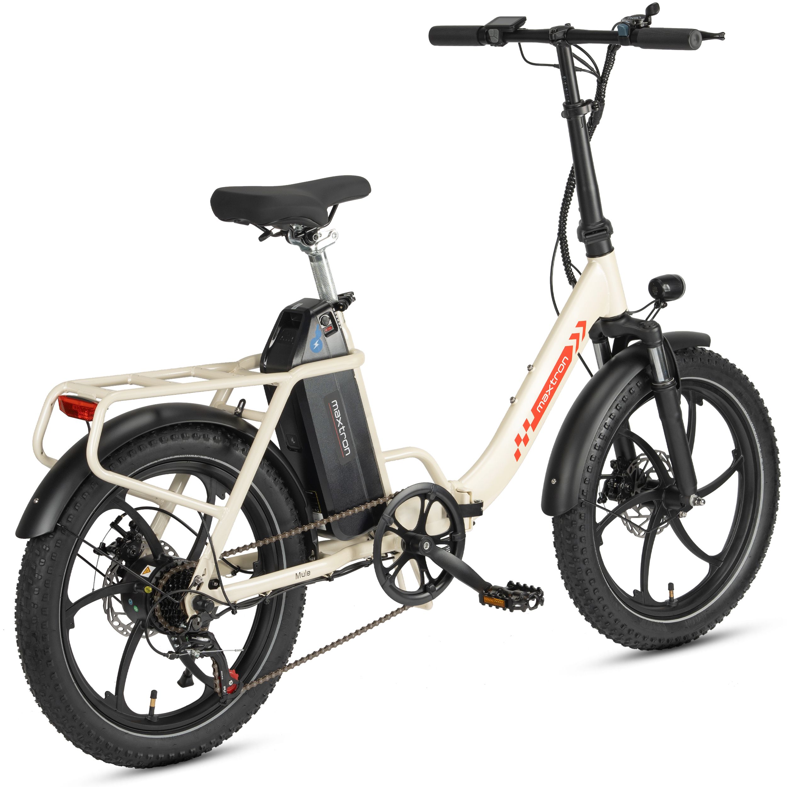 Vélo électrique pliant crème, pneus noirs, logo Maxtron. Porte-bagages, batterie, phare.