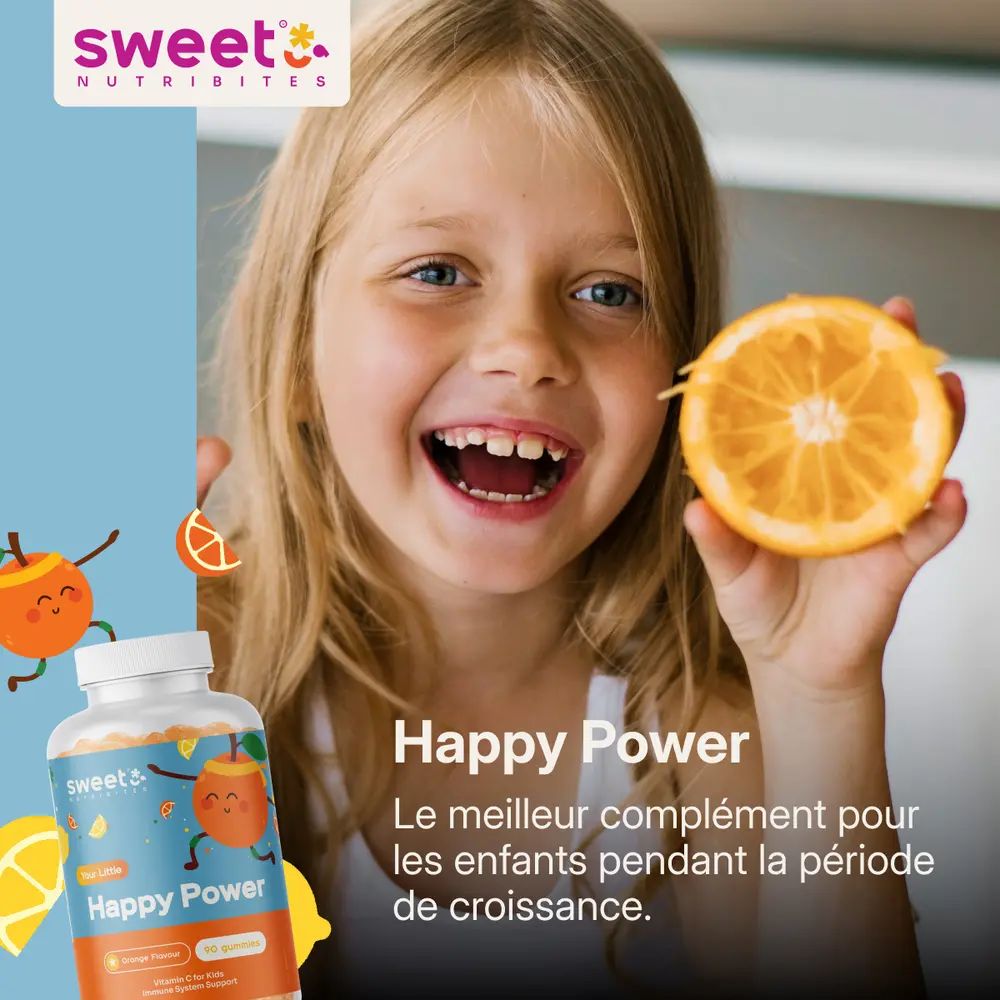Une fille souriante tient une tranche d'orange. À côté, un flacon de gommes. Texte : Happy Power.