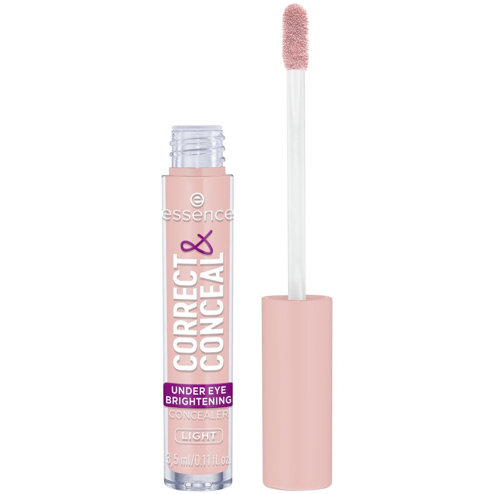 Correcteur Essence Correct & Conceal, tube rose clair avec applicateur. Texte: Correct & Conceal, Under Eye Brightening, Light.
