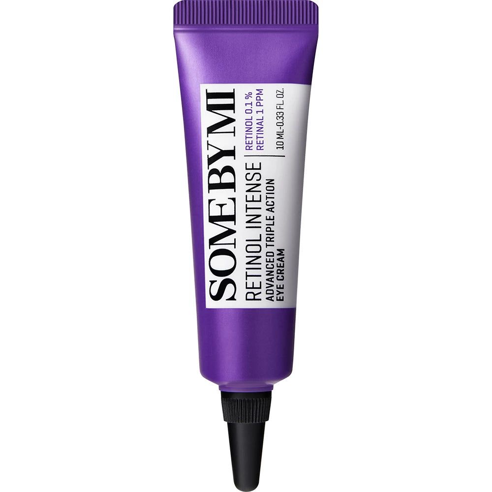 Tube violet avec embout noir. Inscription: SOME BY MI, Retinol Intense Advanced Triple Action Eye Cream, Retinol 0.1%, 10 ml.