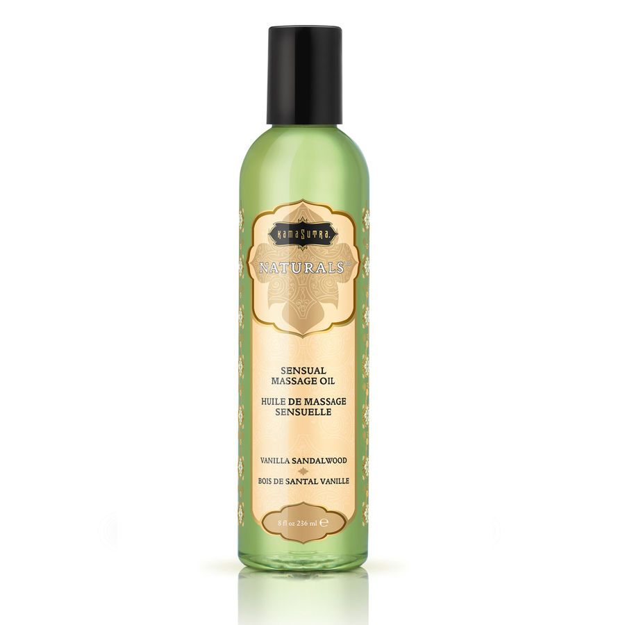 Flacon vert, bouchon noir. Inscription: Kamasutra Naturals, Sensual Massage Oil, Vanille Sandalwood.