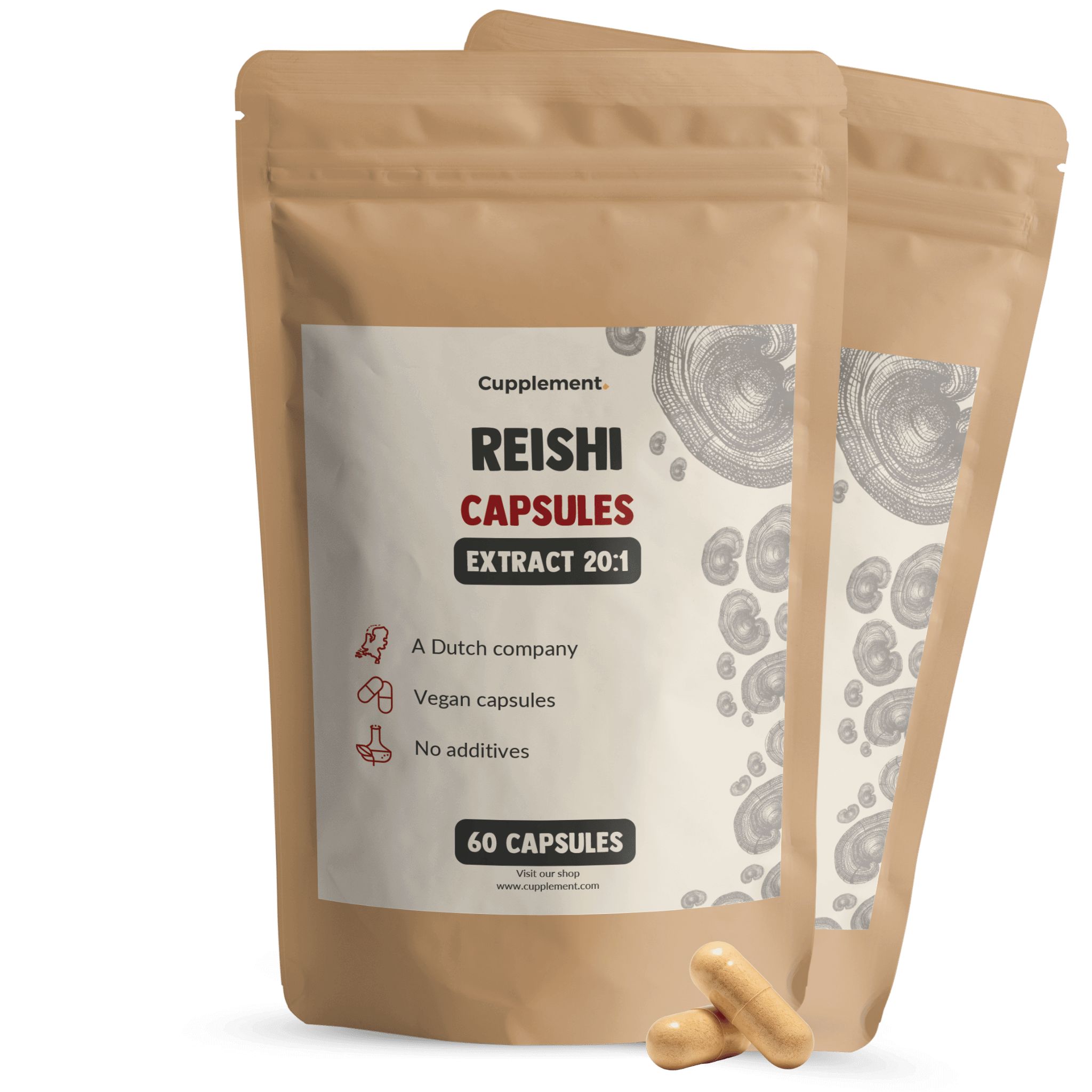 Twee zakjes Cupplement Reishi capsules. Opschrift: Reishi Capsules, 60 capsules. Bruine capsules ernaast.