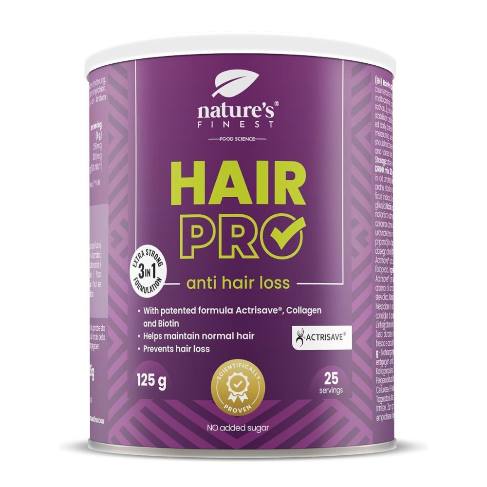 Ronde pot "Nature's Finest Hair Pro - tegen haaruitval". Paarse pot met groene tekst. Bevat 125g en 25 porties.