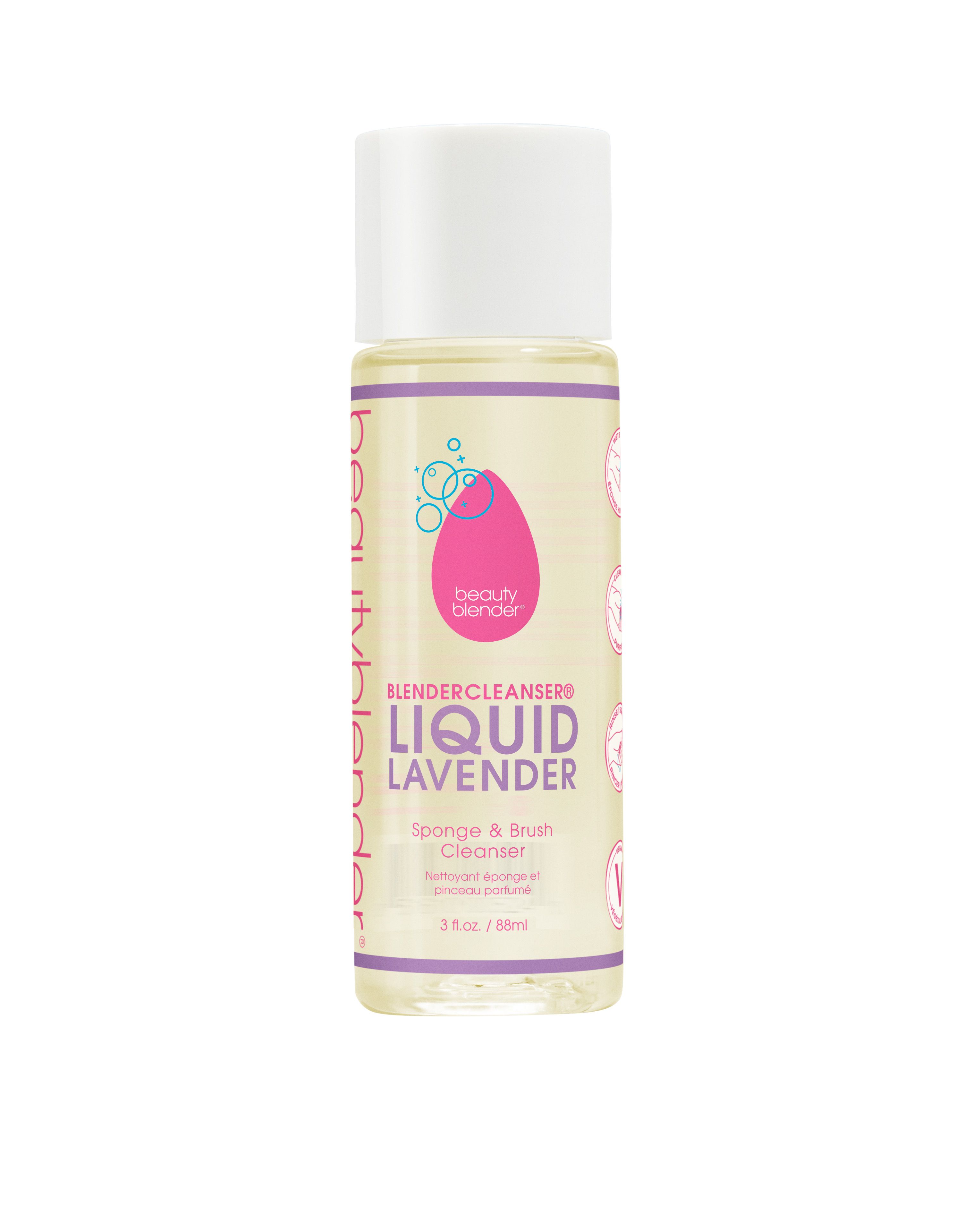 Flesje Liquid Lavender. Bevat 3 fl. oz. / 88ml. Witte dop. Tekst: Blendercleanser, Sponge & Brush Cleanser.