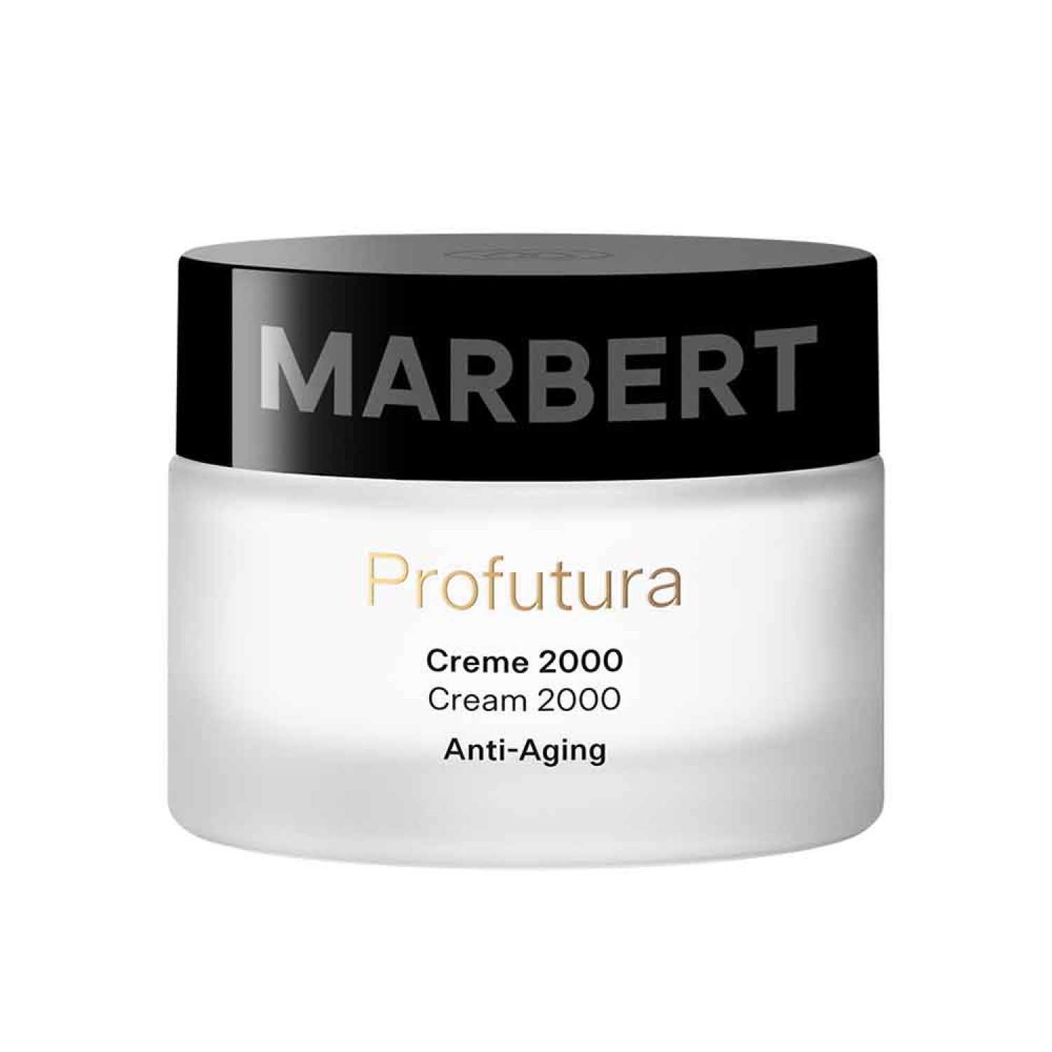 Crèmepot met zwarte deksel. Opschrift MARBERT, daaronder Profutura, Creme 2000, Anti-Aging.