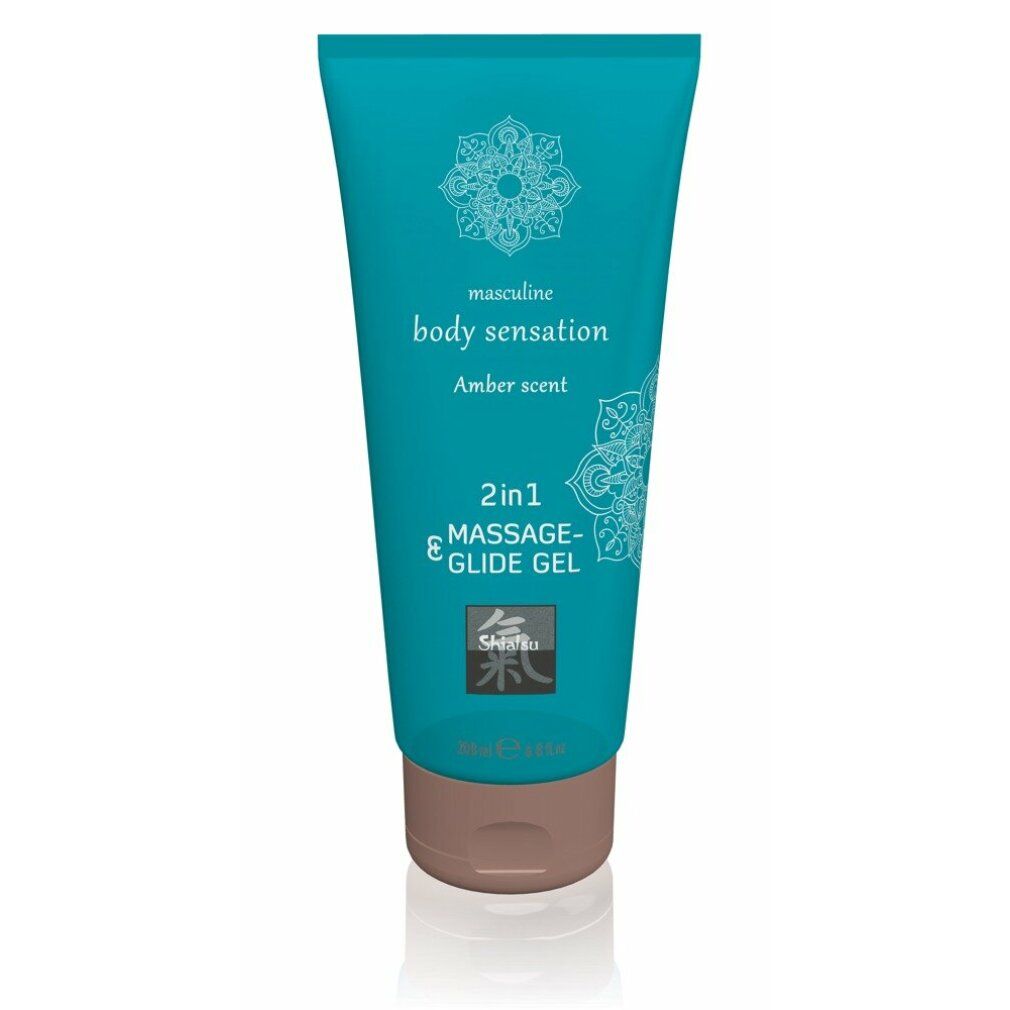 Turquoise tube met 2-in-1 massage- en glijgel, ambergeur, met mandala-patroon.