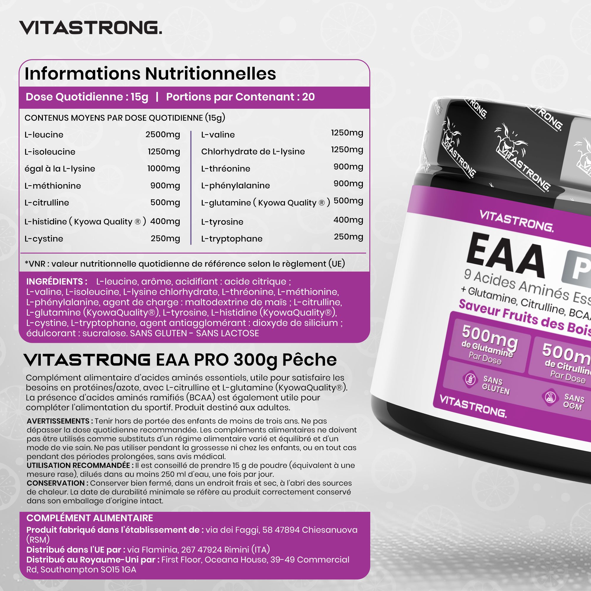 Vitastrong EAA Pro, pot. 9 acides aminés essentiels. Un seul objectif : votre croissance. Fabriqué en Europe. Testé en labo.